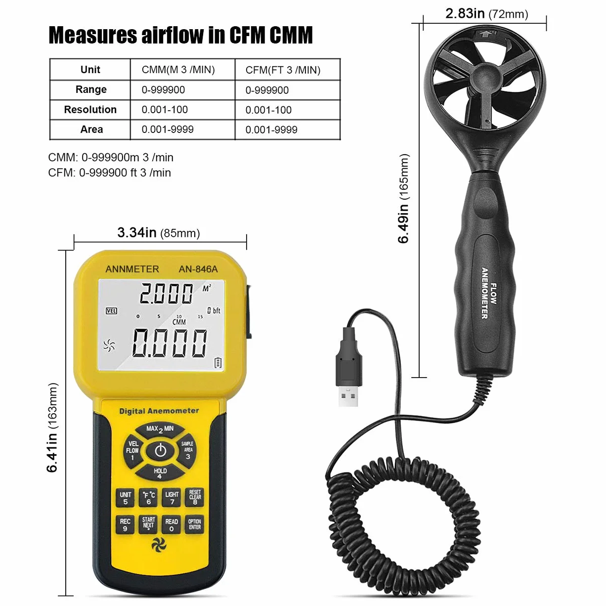 AIOMEST Digital Anemometer, Windmesser Windmessgerät Handheld, AI-846A Windmesser CFM Wind Speed Meter mit MAX/MIN/AVG Funktionen für Windgeschwindigkeit Temperatur Tester, HVAC