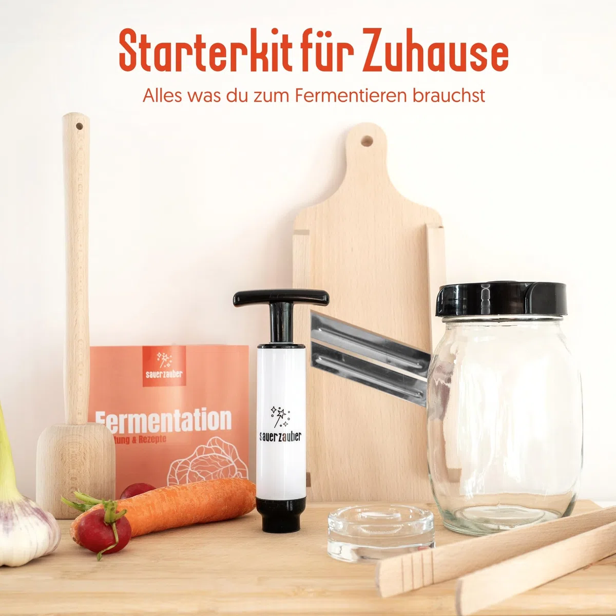 Starterkit Fermentation – großes Fermentierset für Gemüse wie Kimchi, Sauerkraut - 1 L Fermentierglas, Fermentiergewicht, Krauthobel & Zubehör – Fermentieren leicht gemacht.