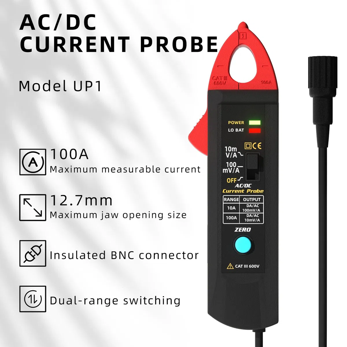 BSIDE UP1 AC/DC-Stromzangen messwandler für digitale Oszilloskope 100A Stromzange 20KHz-Bandbreite Oszilloskop Messzange mit BNC Anschluss
