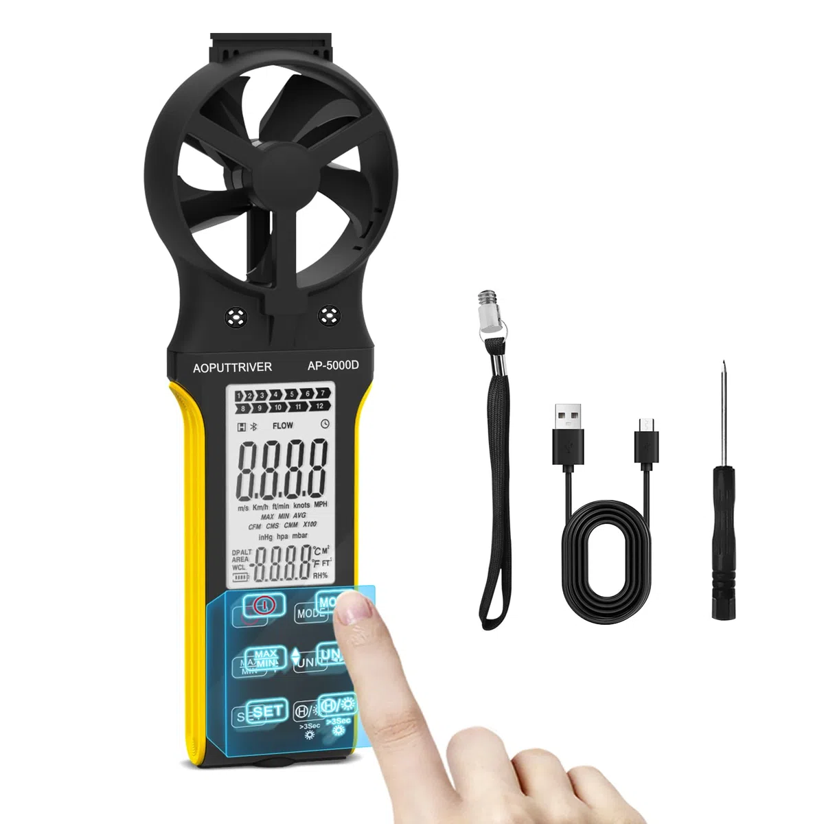 Windmesser CFM Messgerät, Wiederaufladbarer Anemometer mit Touchscreen, Anemometer Handheld Digital Windmessgerät Misst Luftvolumen/Windgeschwindigkeit/Temp mit MAX/MIN für HVAC Drohne