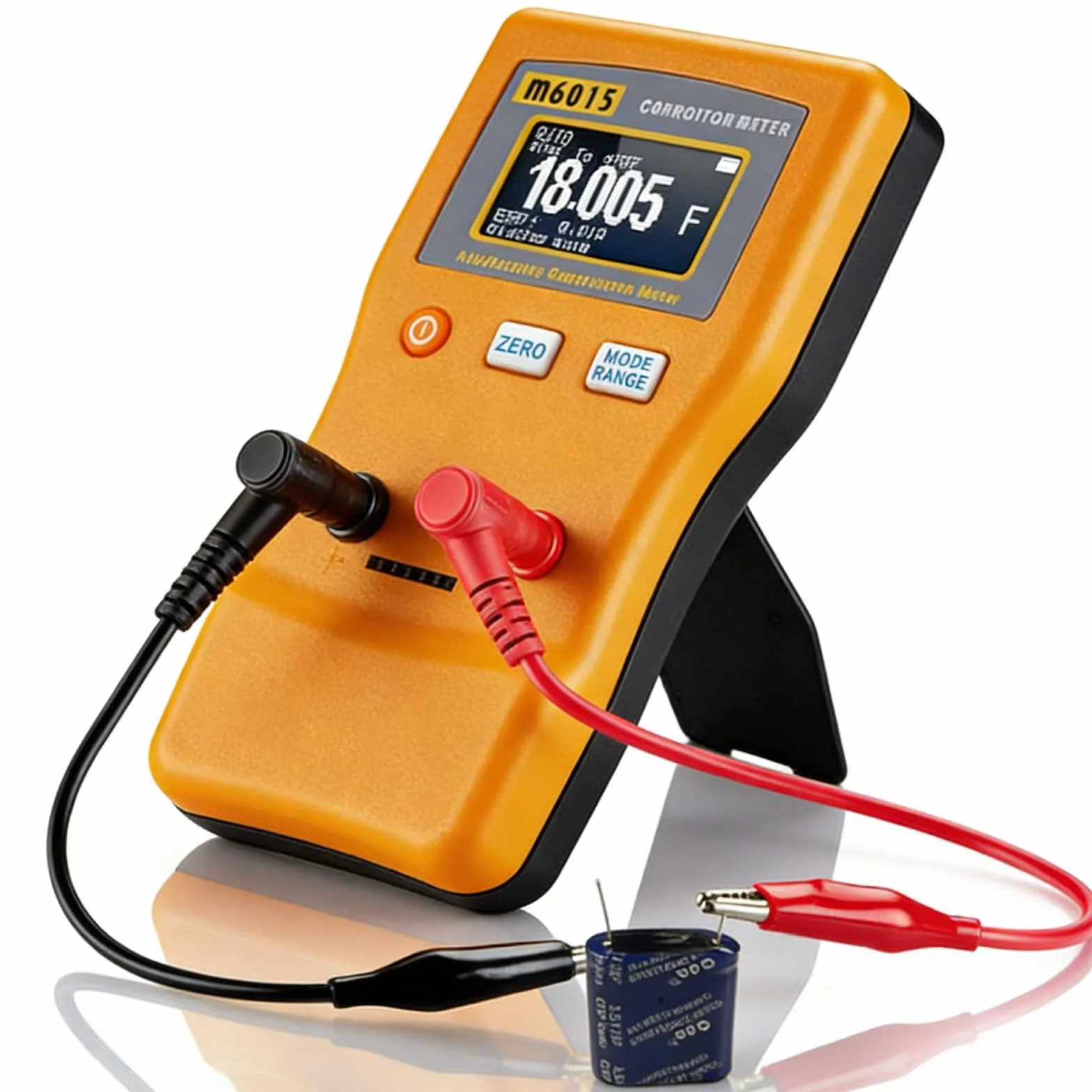 Digital Kapazitätsmessgerät, 0.01pf Bis 470mf Kondensator Messgerät Kapazitätsmesser, M6013 Auto-Ranging Capacitance Meter Capacitor Tester Mit 2 Testclips und Halterung für Gerätefehlerprüfung