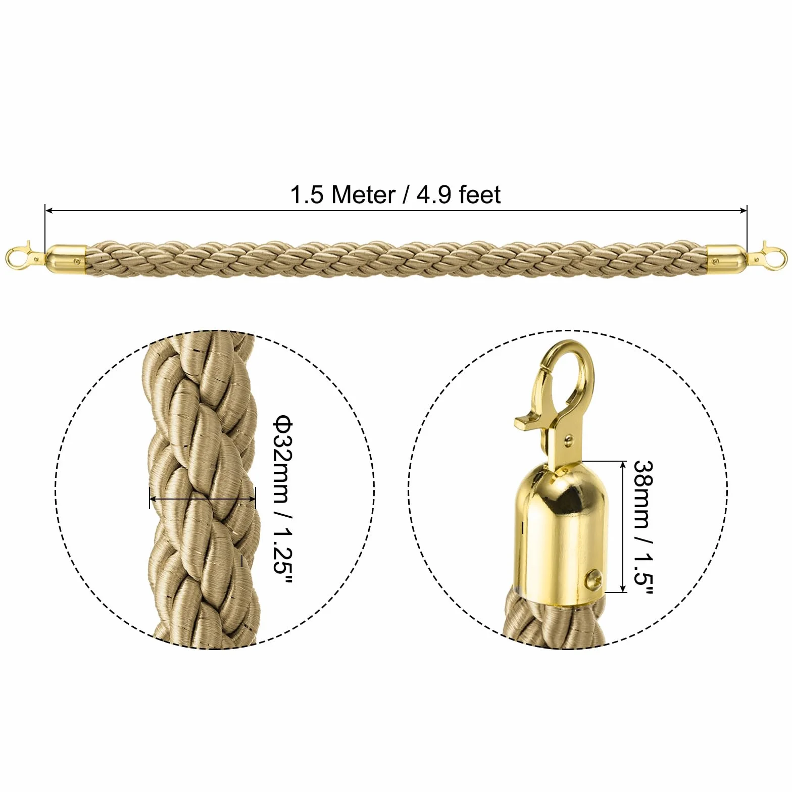 PATIKIL Standrohr Seil 2 Pack 1.5m/5Ft Absperrseil Gedrehte Pfostenseile mit Schnapphaken für Pfosten Ständer Queue Trenner Massenkontrolle von Hotel Golden Haken Champagne Gold Seil