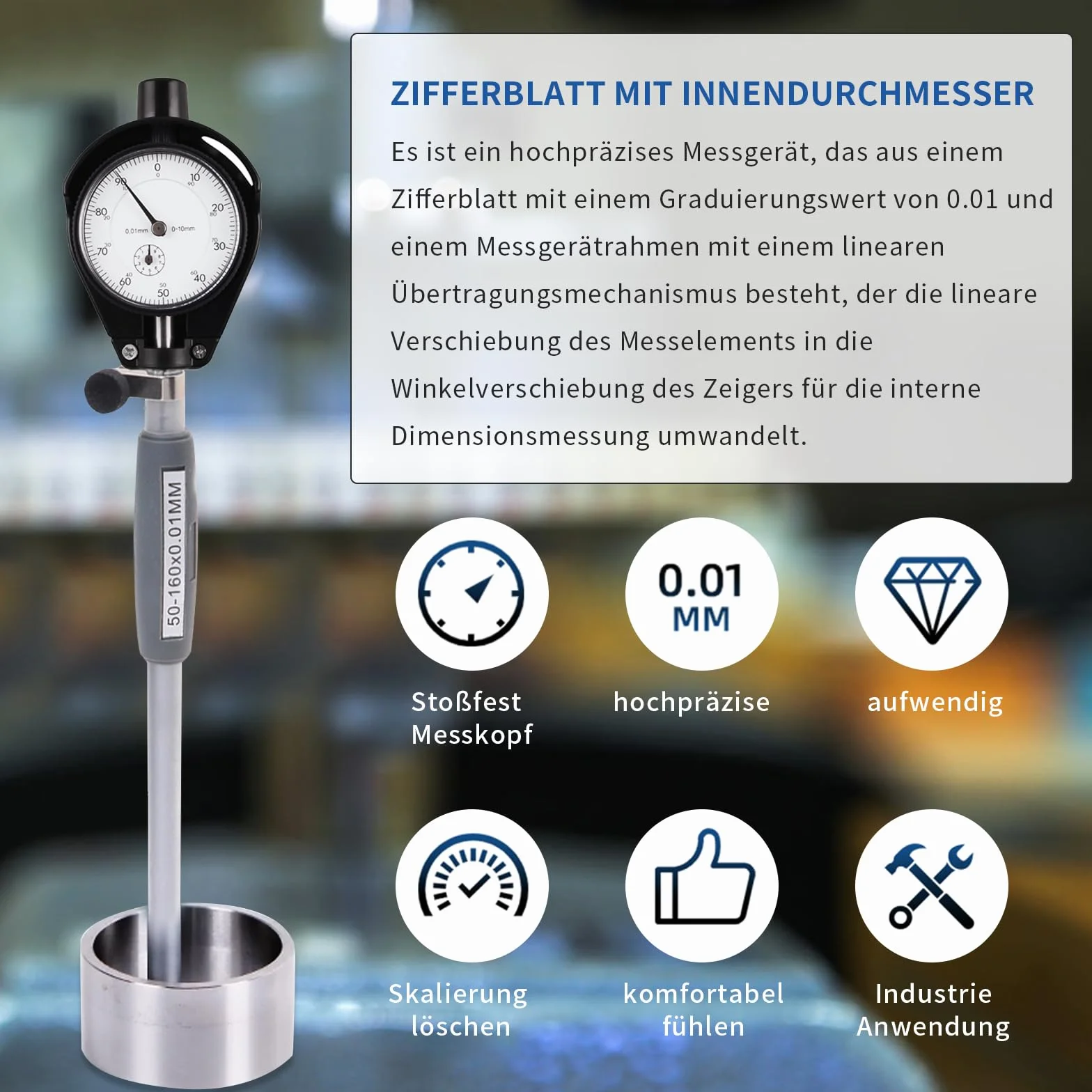 Innenmikrometer, Bohrungslehre Messuhr set 50-160mm Hohe Präzision 0,001mm Messuhr mit 12 Sonden, Innendurchmesser Messuhr Dial Bore Gauge Industriemesswerkzeug