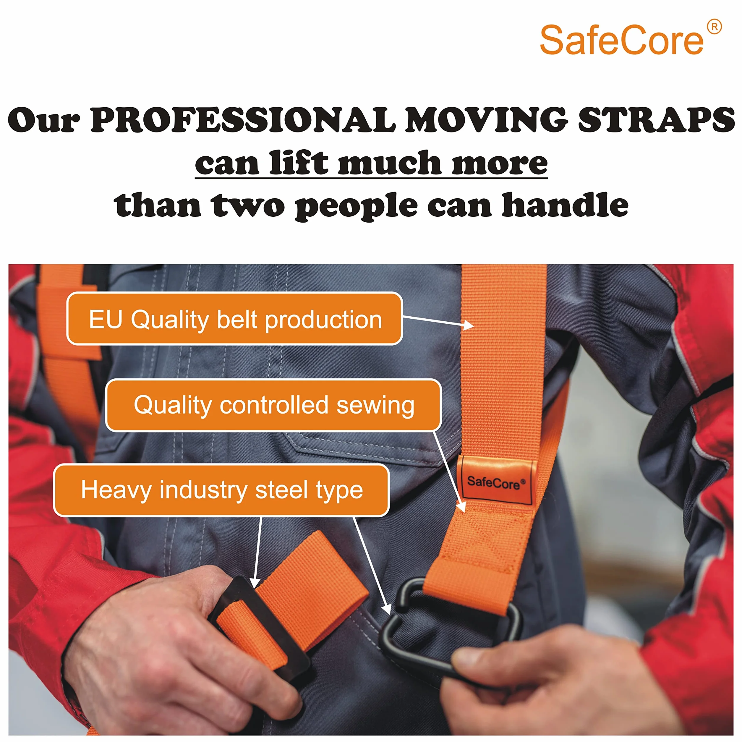 SafeCore Tragegurte Umzug 2 Personen bis 500 kg, Schultergurte 4 m | Profi Möbeltragegurte, ergonomisch, rückenschonend, hilft Möbel Geräte tragen, 2 Personen System, lange Spannweite