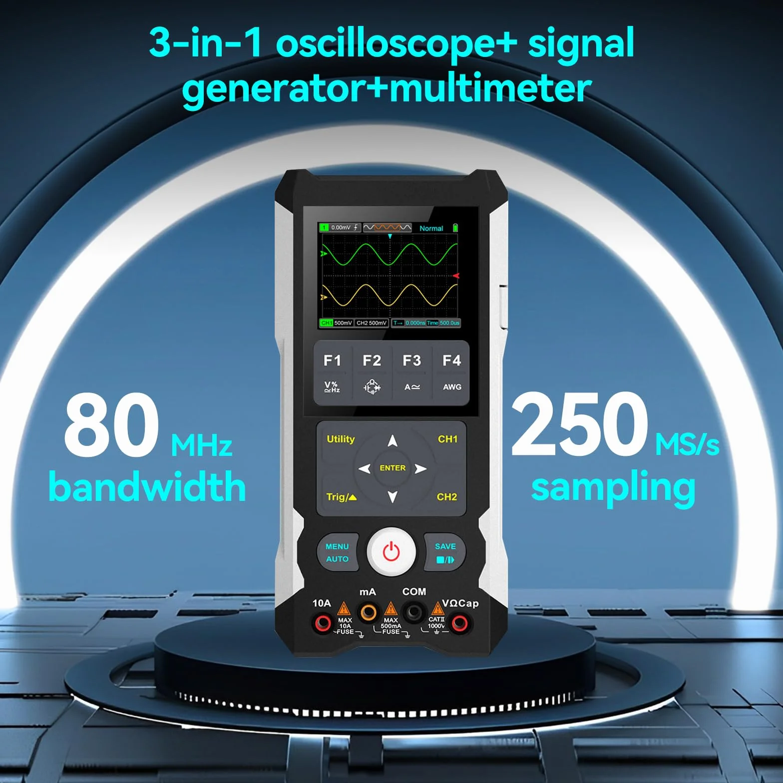 Digitales Oszilloskop + Signalgenerator + Multimeter 3 in 1: Handheld-Digitaloszilloskop 80MHz Bandbreite, 250MS/s, 2 Kanal 2 in 1 Oszilloskop Tragbares Handheld-Oszilloskop für KFZ & Elektronik