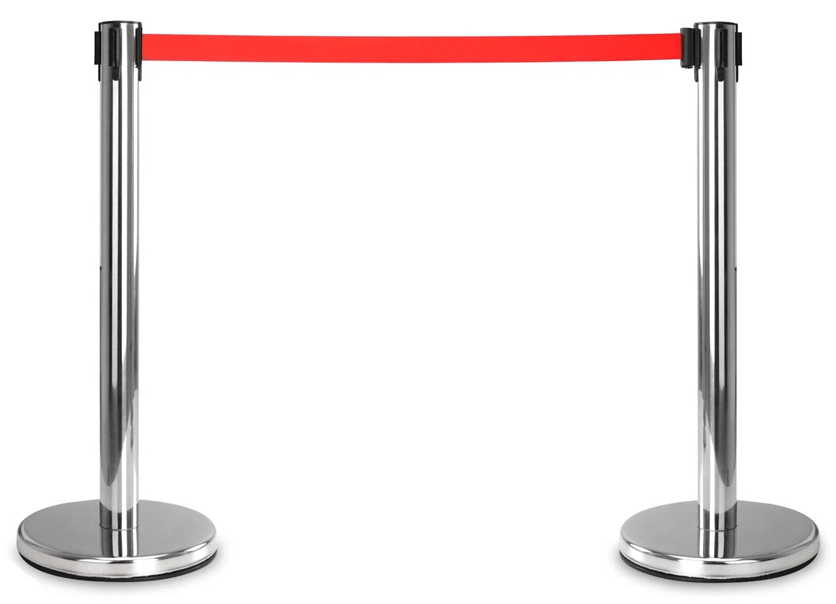 Stagecaptain PLS-200S Absperrständer Personenleitsystem Paar (2 Stück Absperrpfosten, Hotel, Ausstellung, Flughafen, Vip, roter Teppich, Absperrband rot) silber