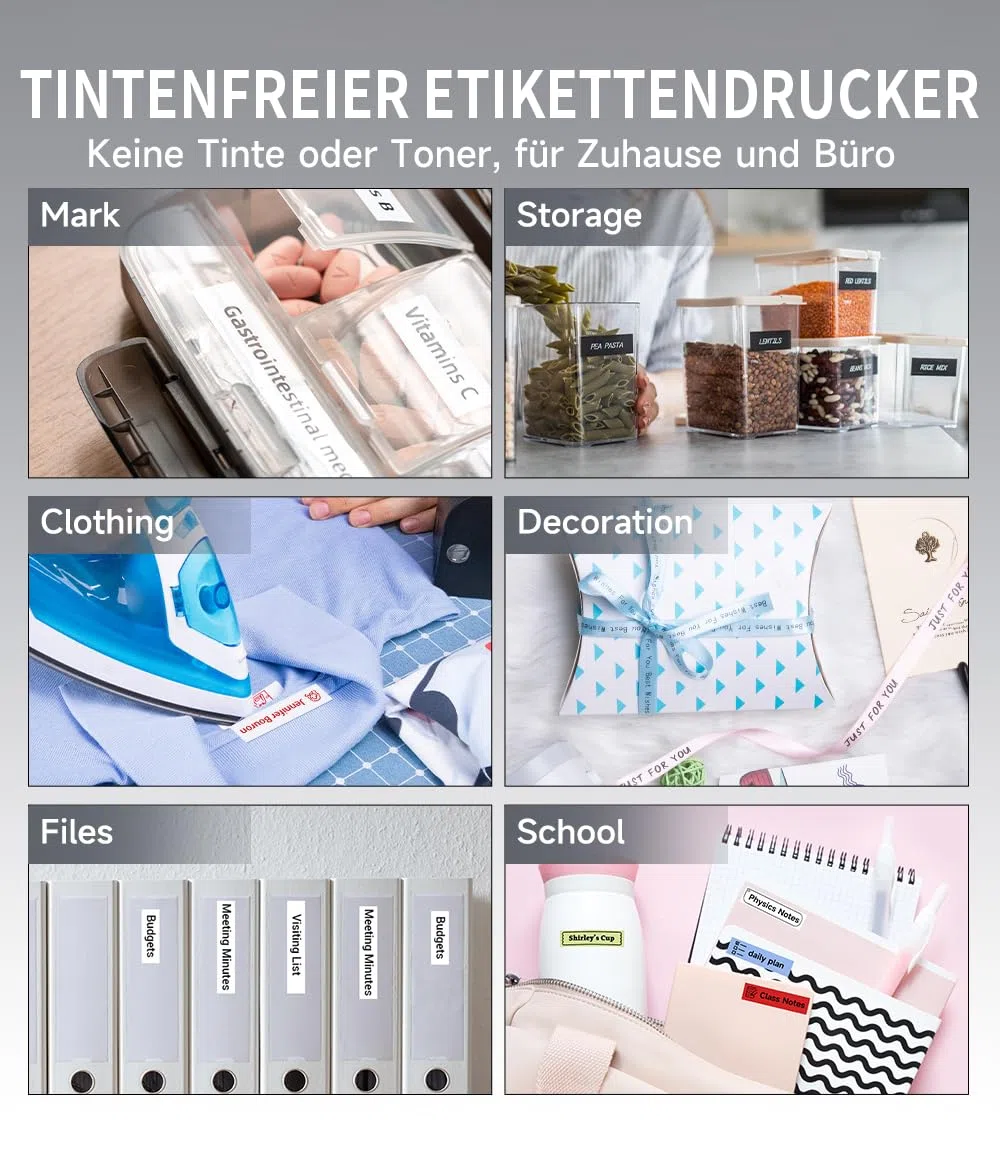Phomemo P12 Etikettendrucker Set mit 5 Rollen Satinband - Bluetooth Beschriftungsgerät & 12mm Geschenkband (Schwarz/Blau/Rosa/Weiß), Tragbarer Label Printer für Geschenke, Hochzeit, Deko & Haushalt