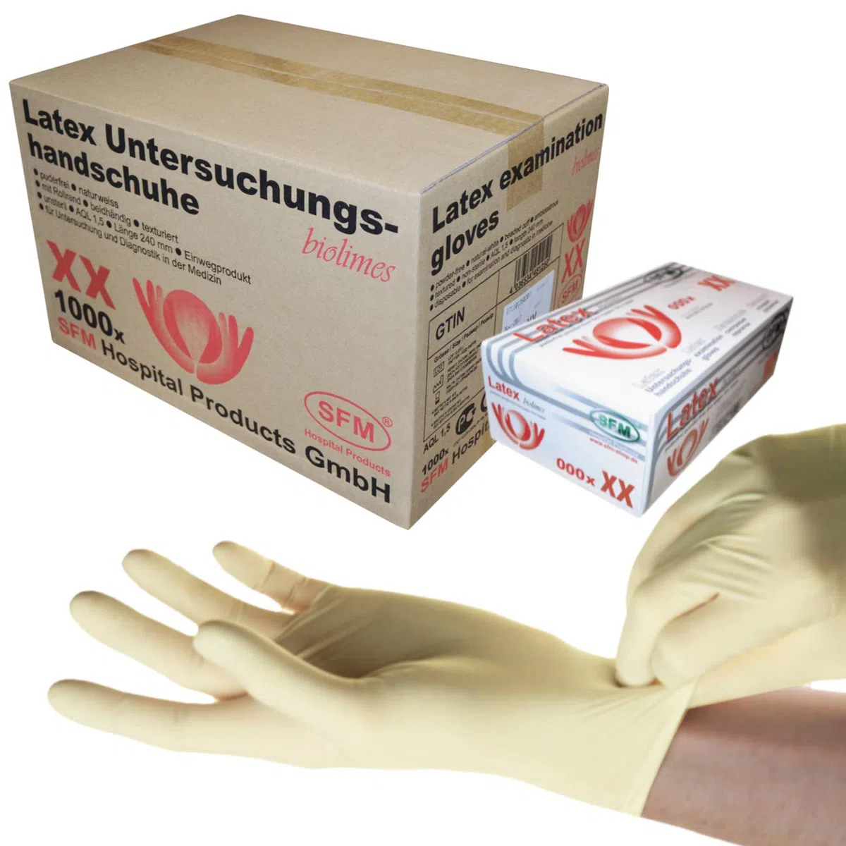 SFM ® BIOLIMES Latex : XS, S, M, L, XL weiß puderfrei volltexturiert Einweghandschuhe Einmalhandschuhe Untersuchungshandschuhe Latexhandschuhe L (1000)