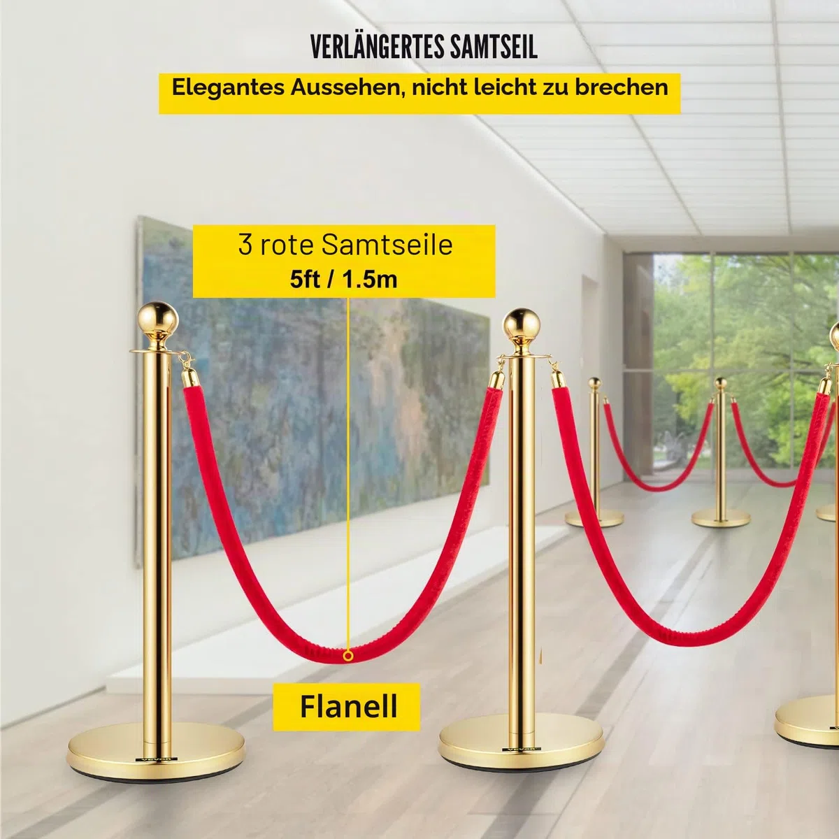 Mophorn Ausziehbarer Klebebandhalter, 4 Set, Sicherheitsbarrieren mit 3 Saiten, Seillänge: 1,5 m, goldfarben