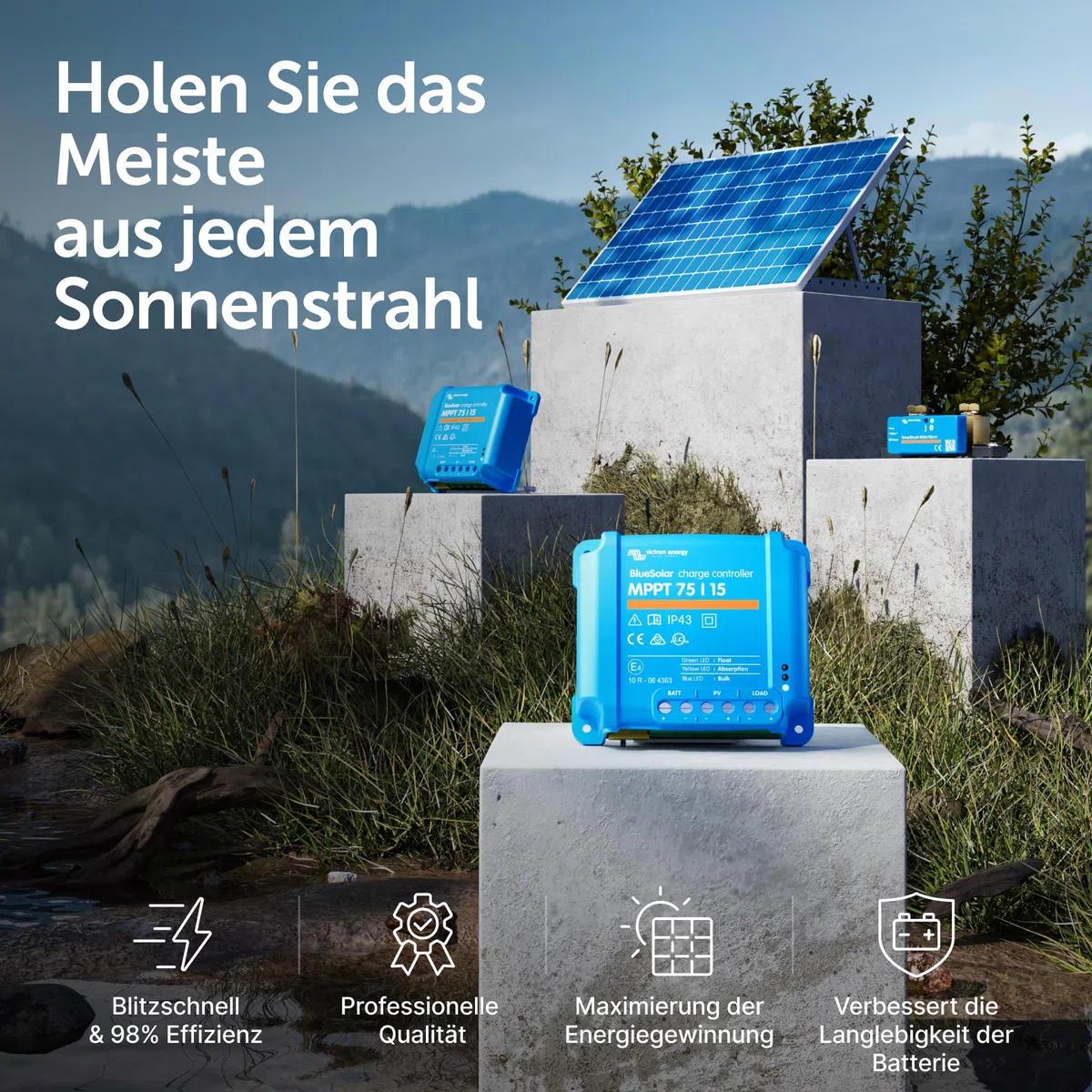 Victron Energy BlueSolar MPPT Laderegler - Solar Laderegler - 75V 15 Amp 12/24-Volt