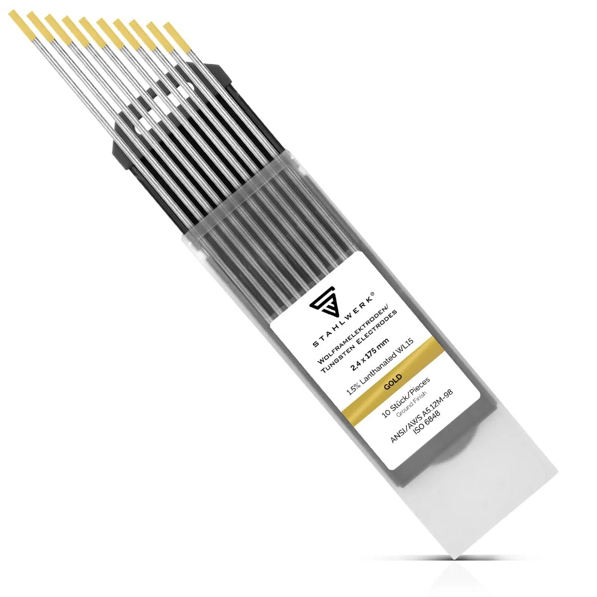 STAHLWERK Wolframelektroden WIG Ø 2,4 x 175 mm – WL15 Gold – 10 Stück, Schweißelektroden, langlebig, stabil und belastbar, für Stahl, Edelstahl, Alu, Kupfer, universell für alle gängigen WIG-Geräte
