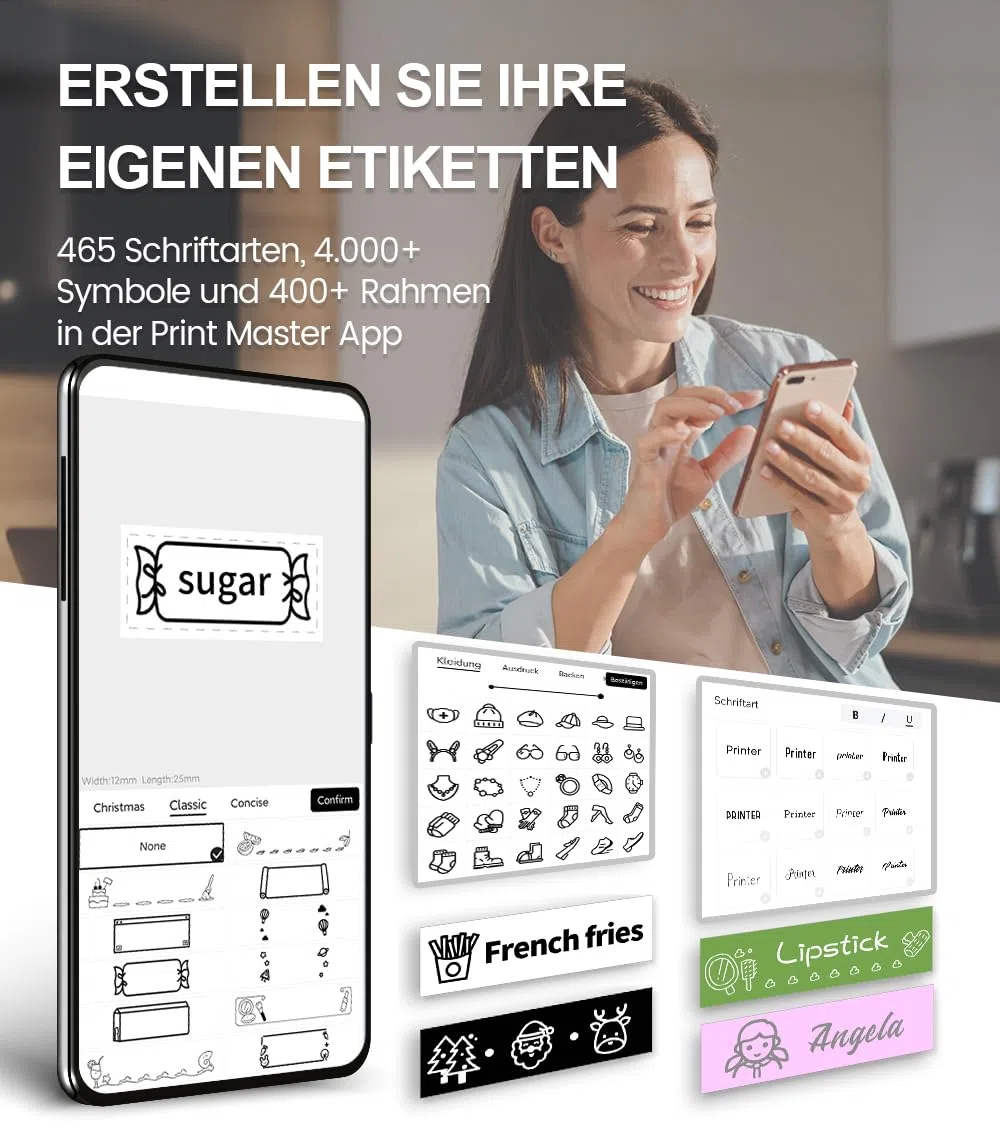 Phomemo P12 Etikettendrucker Set mit 5 Rollen Satinband - Bluetooth Beschriftungsgerät & 12mm Geschenkband (Schwarz/Blau/Rosa/Weiß), Tragbarer Label Printer für Geschenke, Hochzeit, Deko & Haushalt