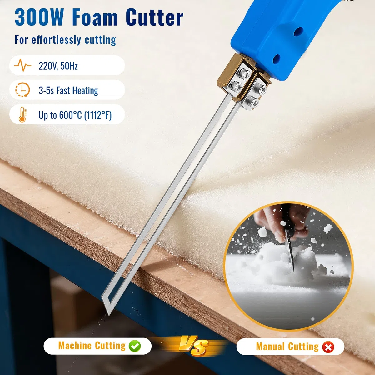 300W Styroporschneider, (50-600℃) Temperatur Einstellbar, Heißschneider für Seile Styrocutter mit 10 cm + 15 cm Gerade Klingen für EPS, KT Board, PU, Seilgewebe, Schaumstoff