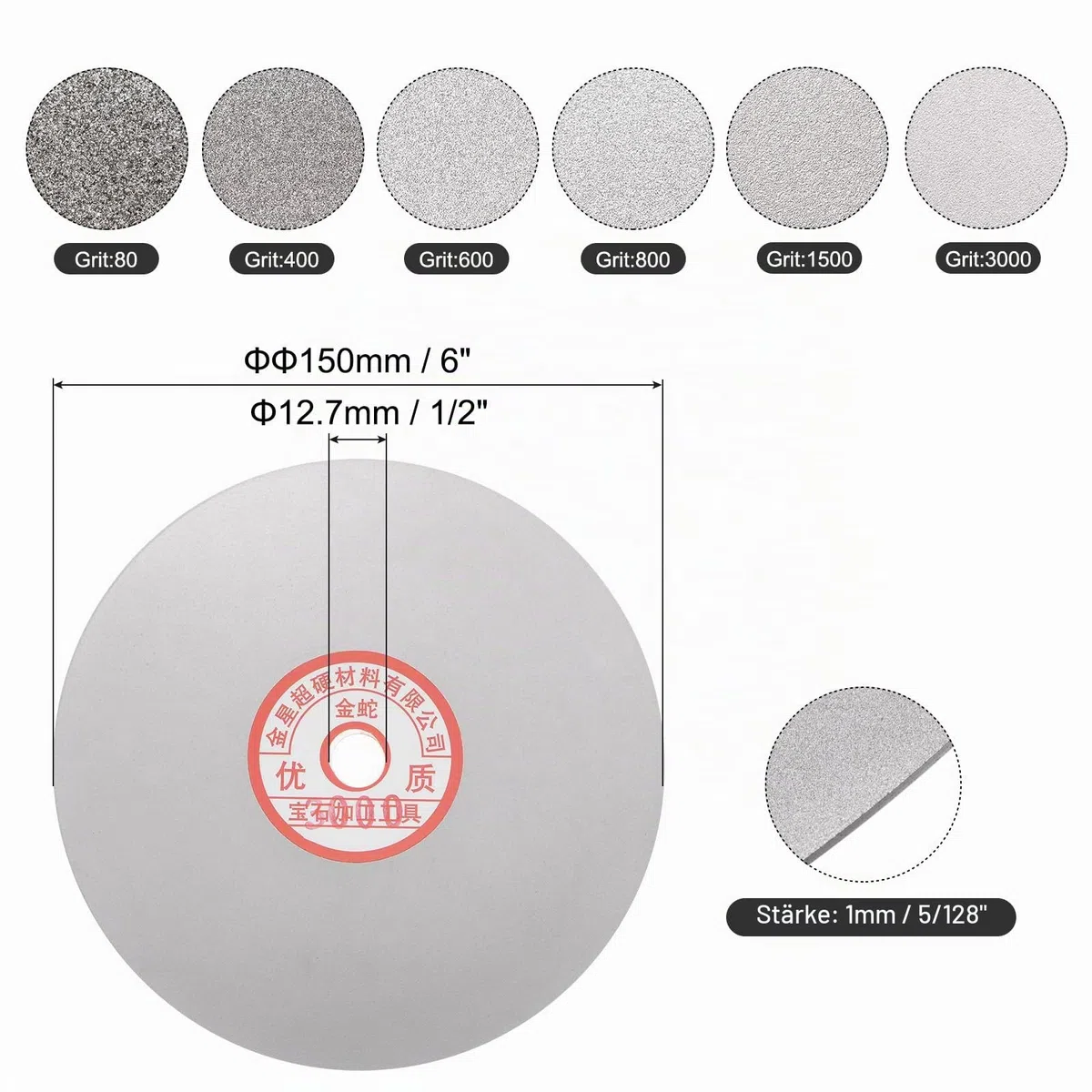 uxcell Diamant-Schleifscheiben-Set, 150 mm, Körnung 80/400/600/800/1500/3000, 1,27 cm Dorn Loch, flache Rundscheibe, Polierscheiben für Edelstein, Fliesen, Glas, Stein, Metall, 6 Stück