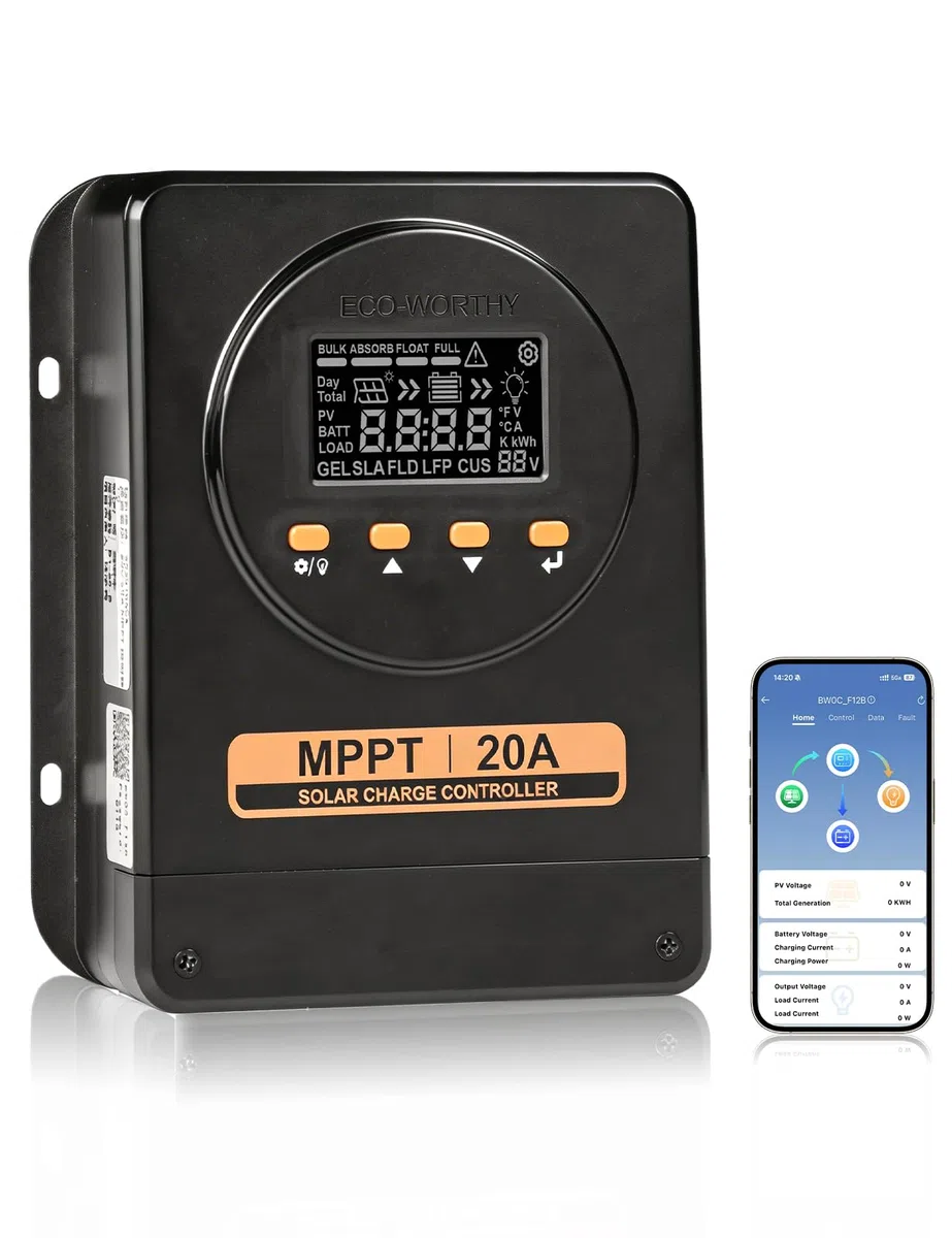 ECO-WORTHY 20A MPPT Laderegler, 12V/24V mit automatischer Erkennung, Bluetooth, App und Display, kompatibel mit Blei-Säure-/SLA-/FLD-/LFP-Batterien, geeignet für Wohnmobil und netzunabhängige System