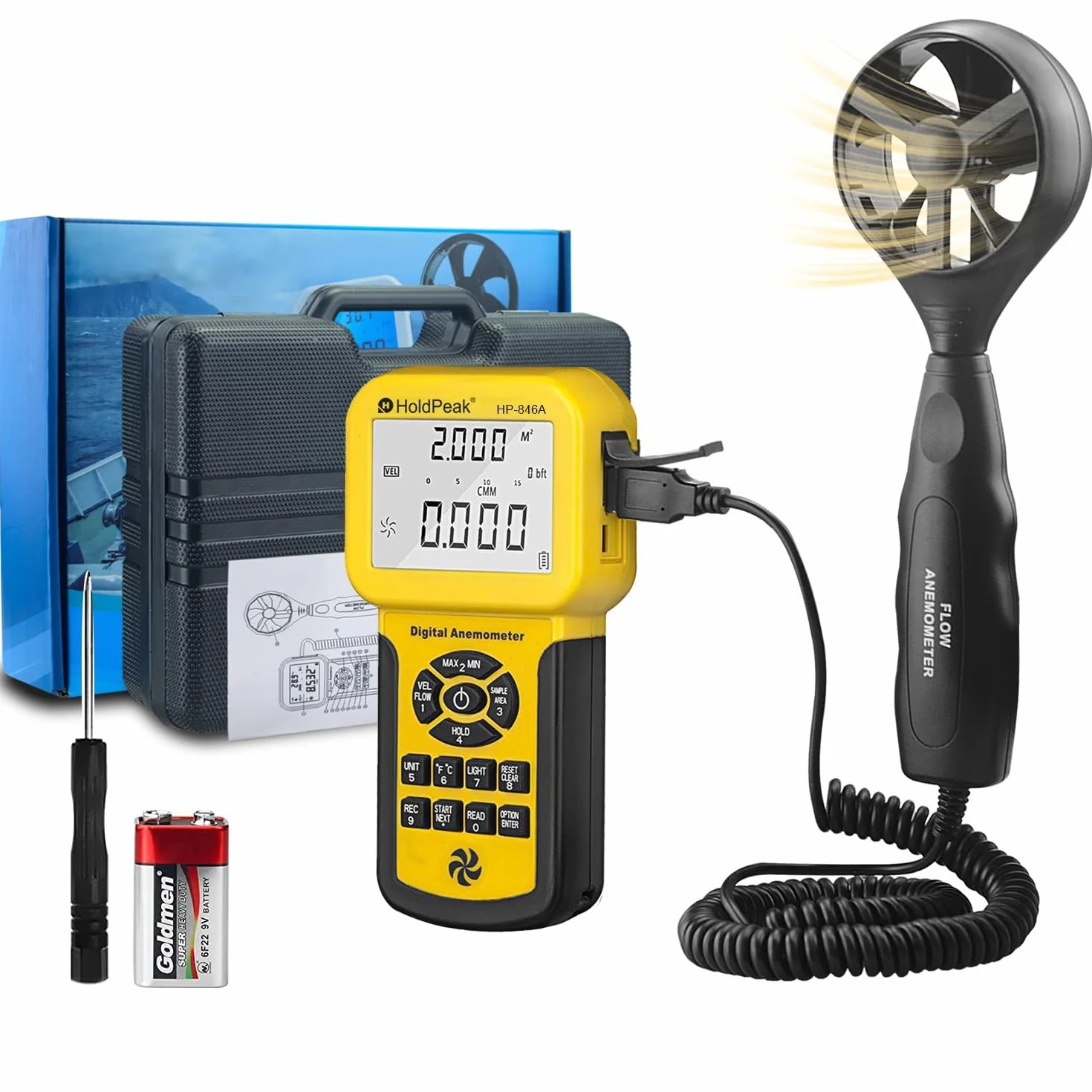 Digitaler Windmesser Handheld HP-846A, CFM Anemometer HVAC Windmessgerät misst Windgeschwindig/Temperatur/Windfluss, mit USB Anschluss