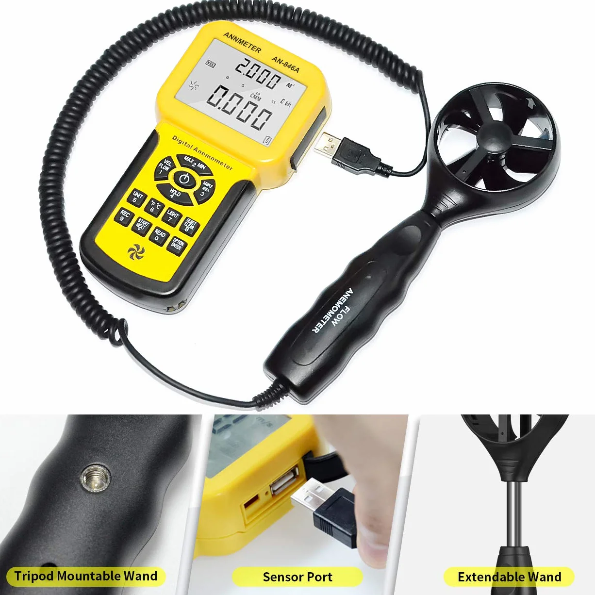 AIOMEST Digital Anemometer, Windmesser Windmessgerät Handheld, AI-846A Windmesser CFM Wind Speed Meter mit MAX/MIN/AVG Funktionen für Windgeschwindigkeit Temperatur Tester, HVAC