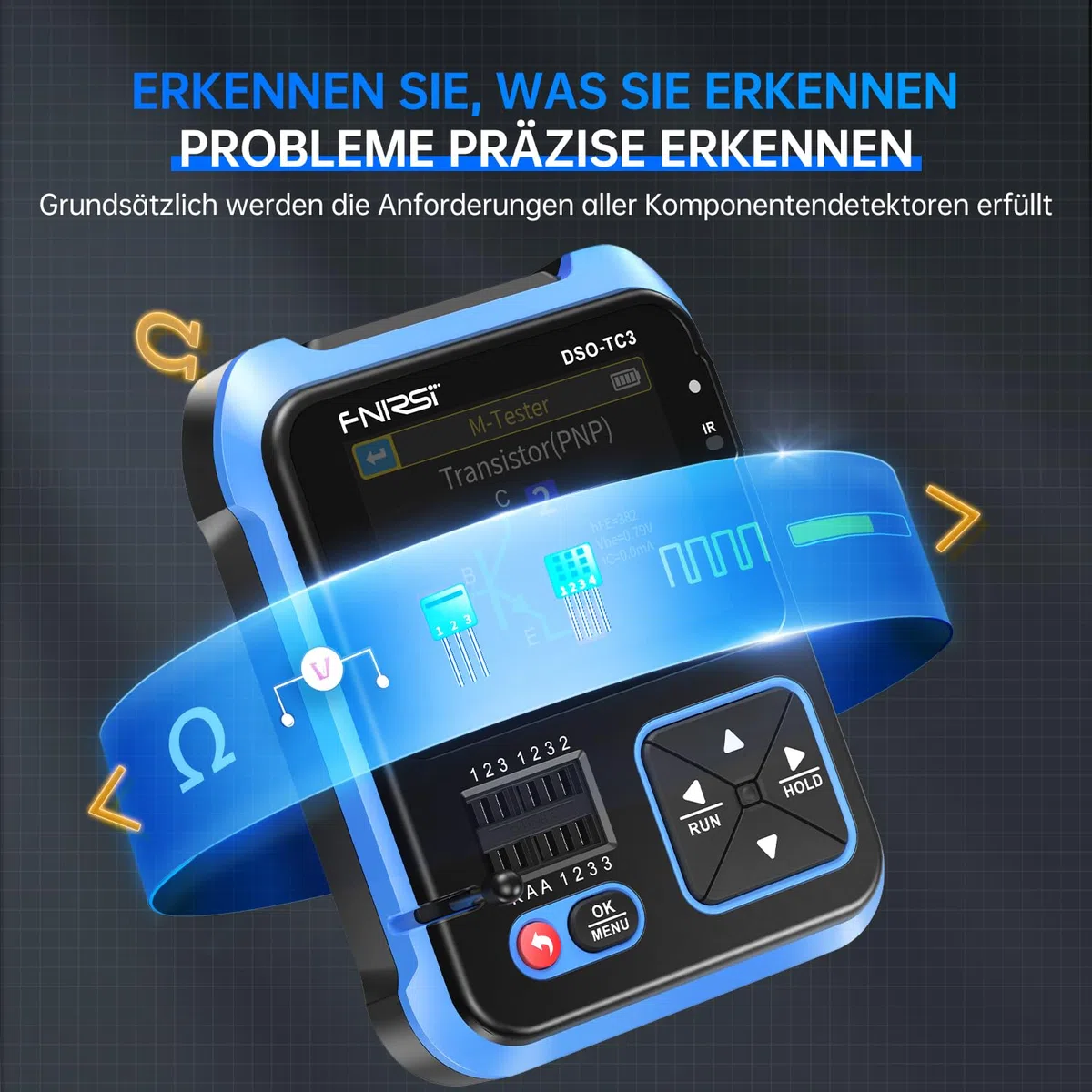FNIRSI DSO-TC3 Oszilloskop – 3IN1 Handoszilloskop & DDS Signalgenerator & Transistortester, 500kHz Bandbreite, 10 MSa/s Abtastrate, 6 Arten von Wellenformen, Transistormessung