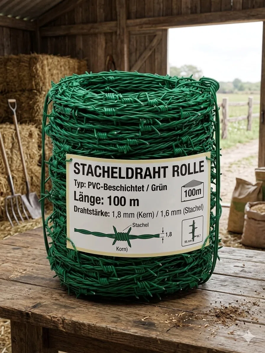 Stacheldraht Rolle grün PVC-beschichtet | 100m Sicherheitszaun für Garten & Grundstück | 1,6-1,8 mm Drahtstärke, wetterfest & unauffällig