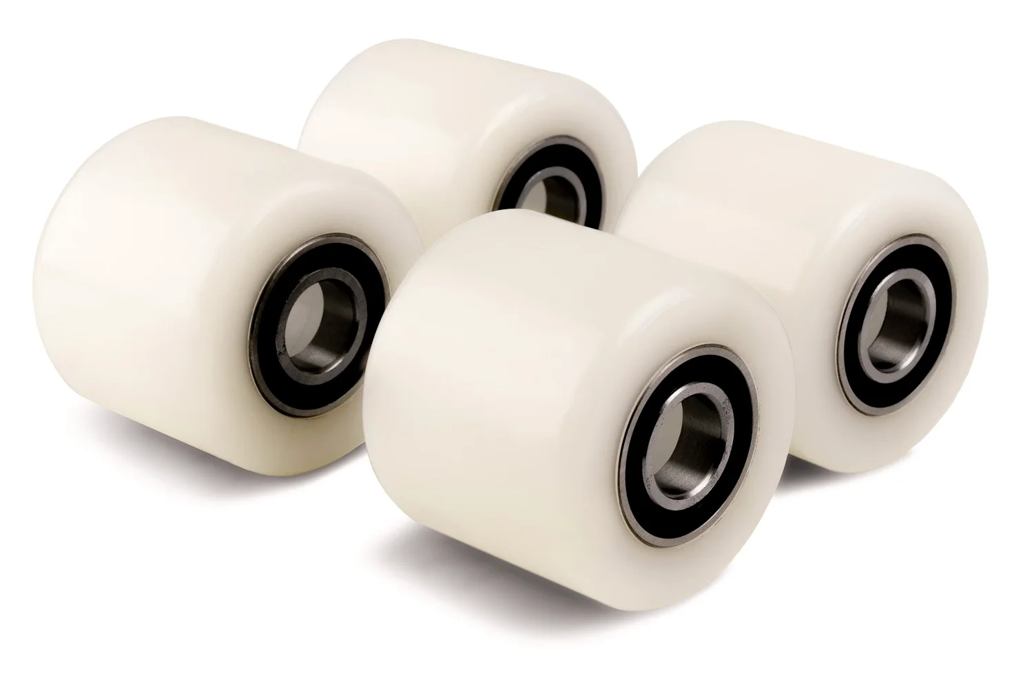 Set mit 4 Rollen für Hubwagen (4 Stück, Durchmesser 70 mm, Breite 60 mm) aus Nylon/Rad mit Kugellagern; Bohrung: 20 mm; Maße 70 x 60 x 20 mm; maximale Belastung: 450 kg