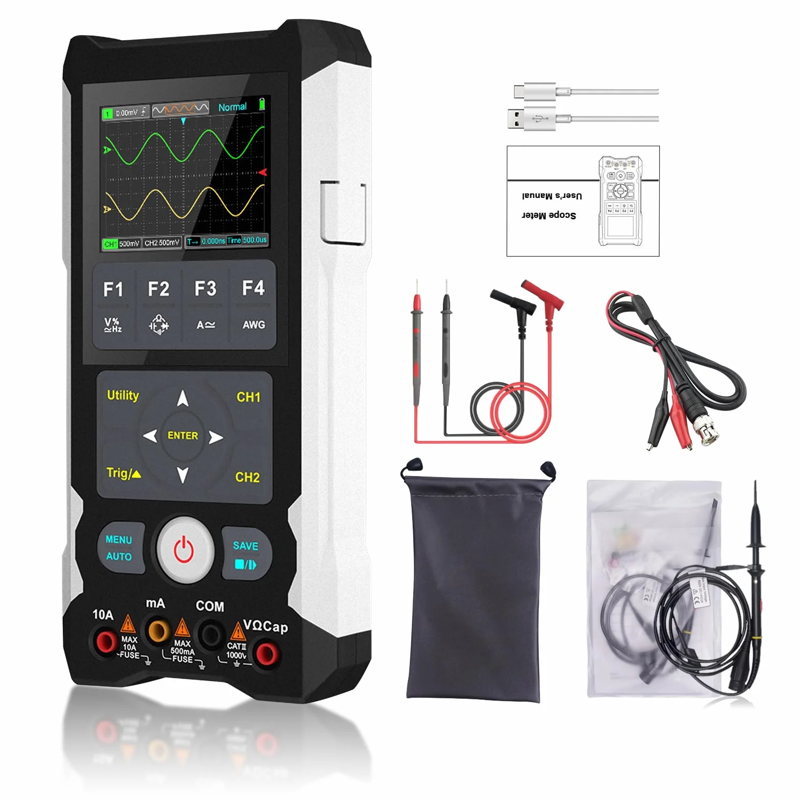 Digitales Oszilloskop + Signalgenerator + Multimeter 3 in 1: Handheld-Digitaloszilloskop 80MHz Bandbreite, 250MS/s, 2 Kanal 2 in 1 Oszilloskop Tragbares Handheld-Oszilloskop für KFZ & Elektronik