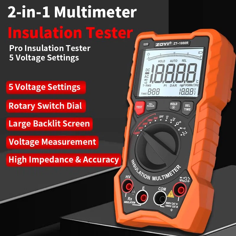 Isolationswiderstandsmessgerät 1000V AC/DC, fortschrittliches digitales Megohmmeter, misst Isolationswiderstand bis zu 20GΩ, Spannungsmessung bis 1000V, elektronisches Schüttel-Multimeter
