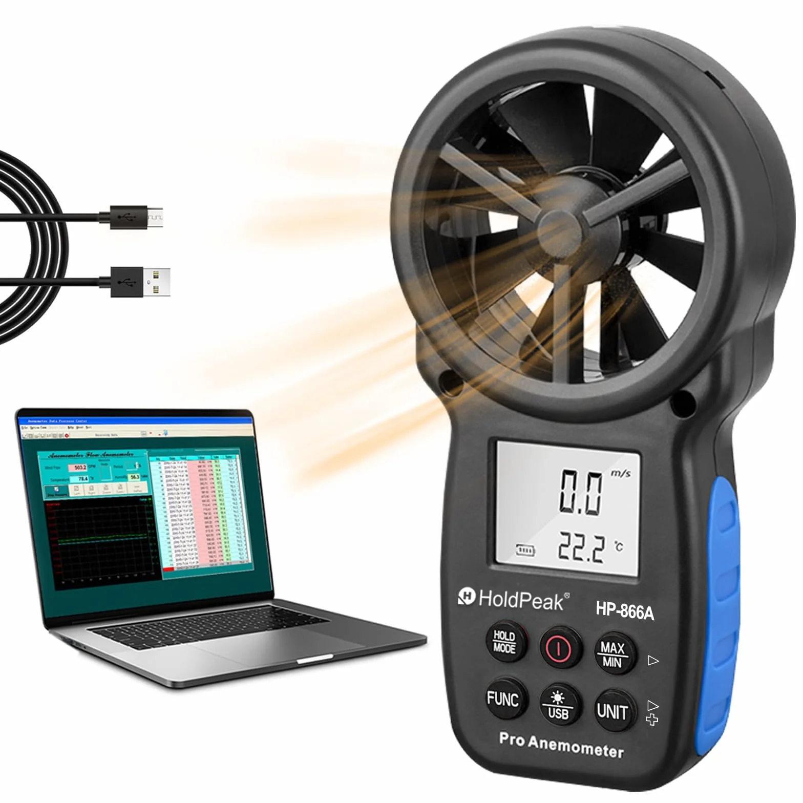Holdpeak Digital Anemometer Handheld CFM Meter HP-866A mit USB Anschluss, Taupunkt, Luftmassenmesser mit Data Hold & USB & Relative Luftfeuchtigkeit (schwarz)