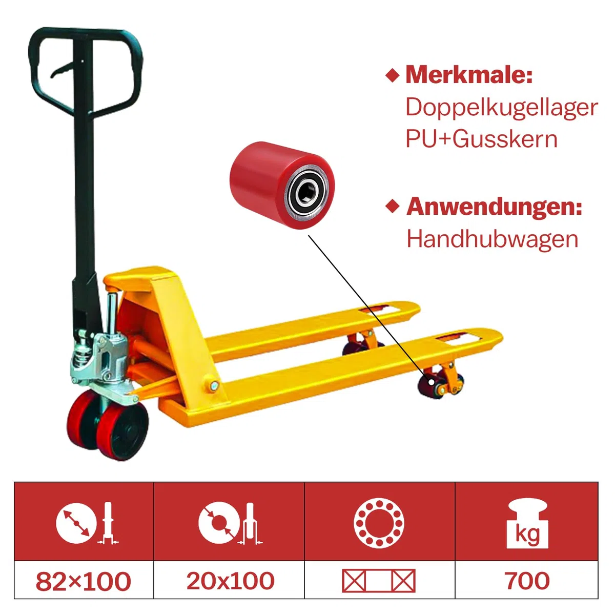 2 Stück Hubwagen Rolle Polyurethan 82 x 100 mm, mit Kugellager Rollen für Hubwagen Ersatzrollen Laufrolle | Achse 20 mm | Durchmesser 82 mm | Breite 100 mm | Maximale Belastung: 700 KG
