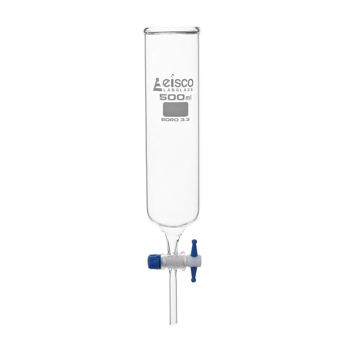 Eisco Labs Tropftrichter, 500 ml, zylindrisch, oben offen, mit PTFE-Schlüssel-Absperrhahn, Borosilikatglas