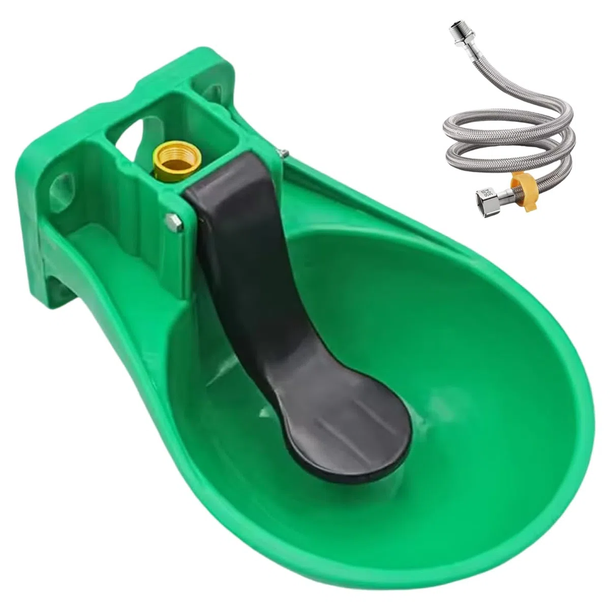 Tränkebecken Pferd, Tränkebecken mit Druckzunge + Inklusive 80 cm Schlauch und Adapter, Pferdetränke - Automatische Wasserabgabe, Rinder Tränkewanne für Rinder Esel und Pferde, Grün