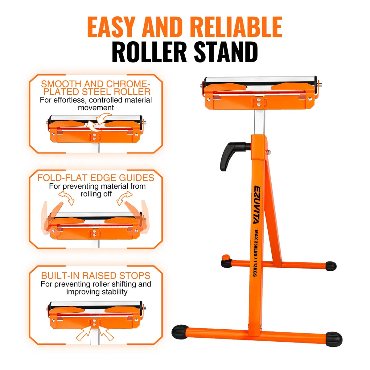 2er-Pack klappbare Rollenständer, 113kg Tragkraft pro Ständer, 70.5–110cm höhenverstellbar, stabile Unterstützung für Tischkreissägen und Holzbearbeitung
