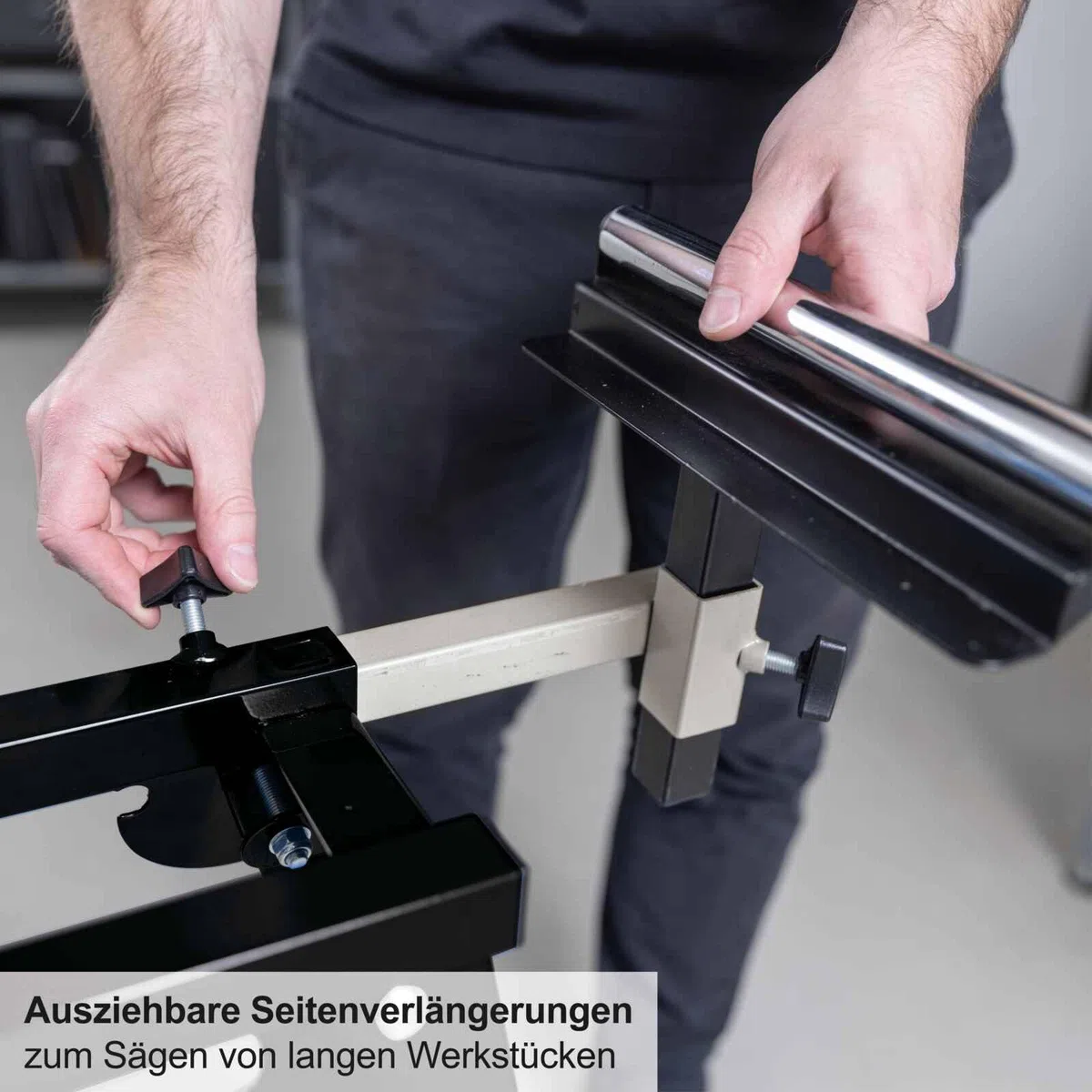 Scheppach Black Universal-Untergestell UUG1550-BE | Arbietshöhe 76,3 cm | Traglast 150 kg | Seitenverlängerung bis zu 194,5 cm | Auflagen höhenverstellbar bis 110mm