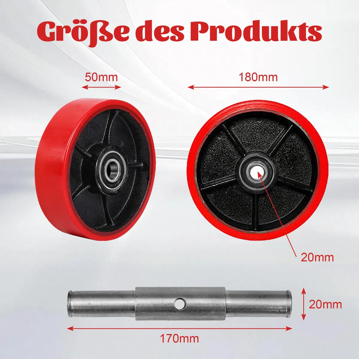 2 Stück Hubwagen Rollen 180 x 50 mm Laufrollen mit Kugellager PU-Rollen für Hubwagen Ersatzrollen mit Achse