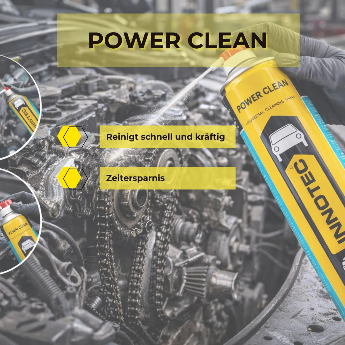 4 Stück INNOTEC Power Clean 750 ml Aerosol – Universalreiniger & Entfetter – entfernt Fett, Öl, Teer, Wachs und Kleberückstände – ideal für KFZ, Werkstatt, Maschinenbau & Industrieanwendungen
