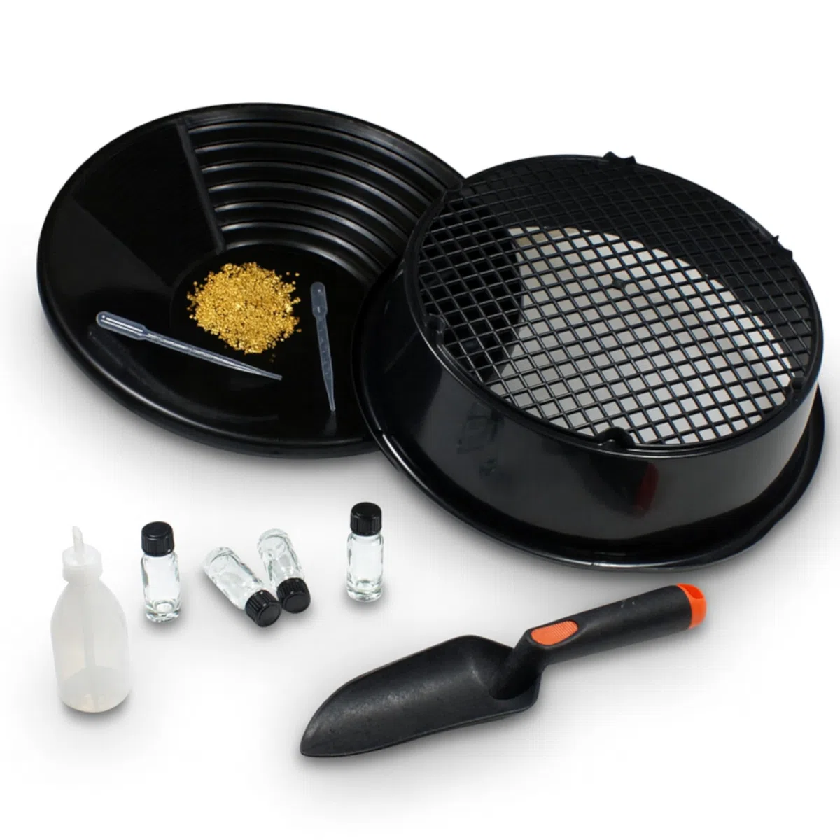 Goldwasch-Set 10-teilig – Goldwaschpfanne Ø 35 cm, Sieb, Schaufel, Snifferbottle, Pipetten & Gläschen – Komplettes Goldwasch Set für Einsteiger & Profis