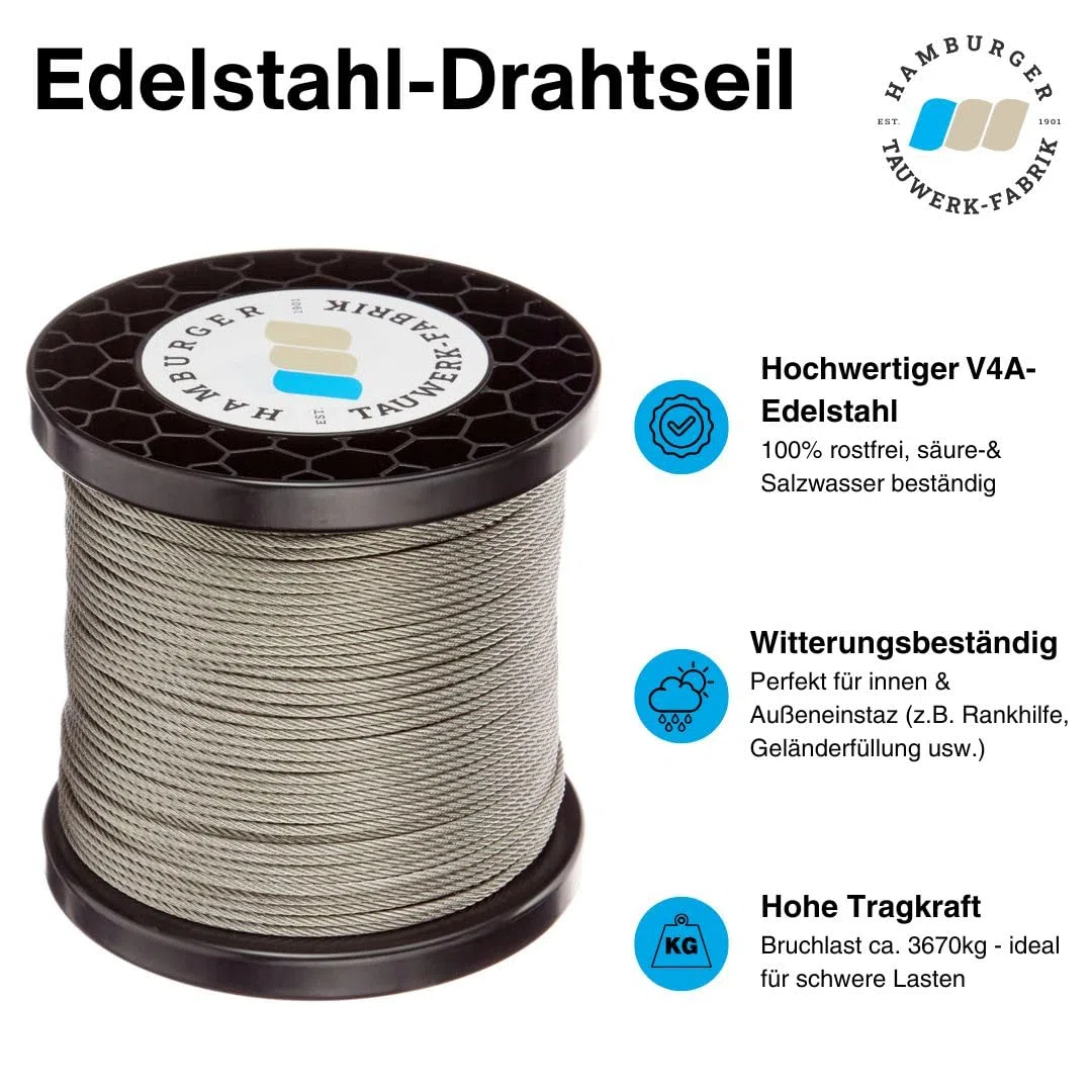 10 Meter - 8mm Edelstahldrahtseil 7x7 V4A Inox rostfrei Drahtseil Stahlseil Geländerseil
