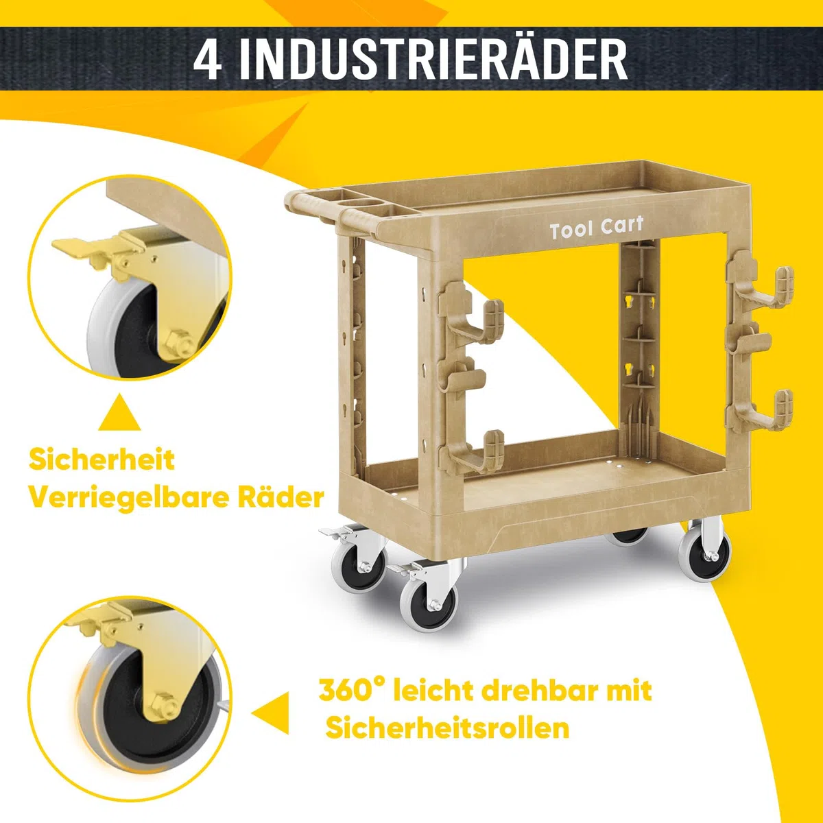 LDHTHOPI Servierwagen MAX 250kg,Werkstatt RollWagen 84.5x41.5x85cm mit 2 Lastaufnahmehaken,Schwerlast Kunststoff Vielzweckwagen 2 Lenkrollen mit Bremse,Holzfarbe,für Lager Garagen Büros Gärten Hotels