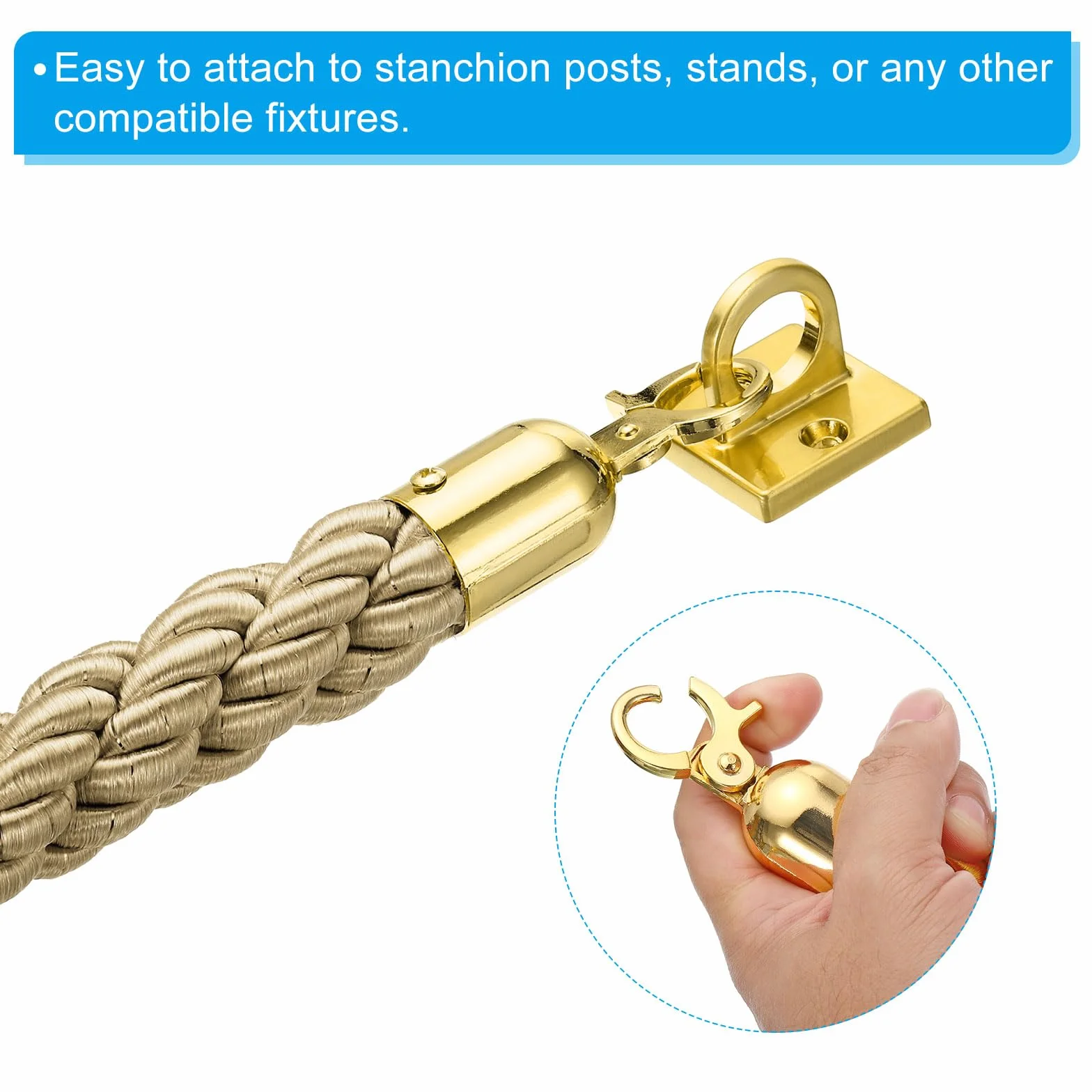 PATIKIL Standrohr Seil 2 Pack 1.5m/5Ft Absperrseil Gedrehte Pfostenseile mit Schnapphaken für Pfosten Ständer Queue Trenner Massenkontrolle von Hotel Golden Haken Champagne Gold Seil
