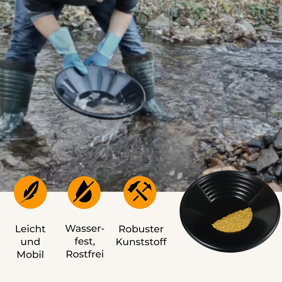 Goldwasch-Set 10-teilig – Goldwaschpfanne Ø 35 cm, Sieb, Schaufel, Snifferbottle, Pipetten & Gläschen – Komplettes Goldwasch Set für Einsteiger & Profis