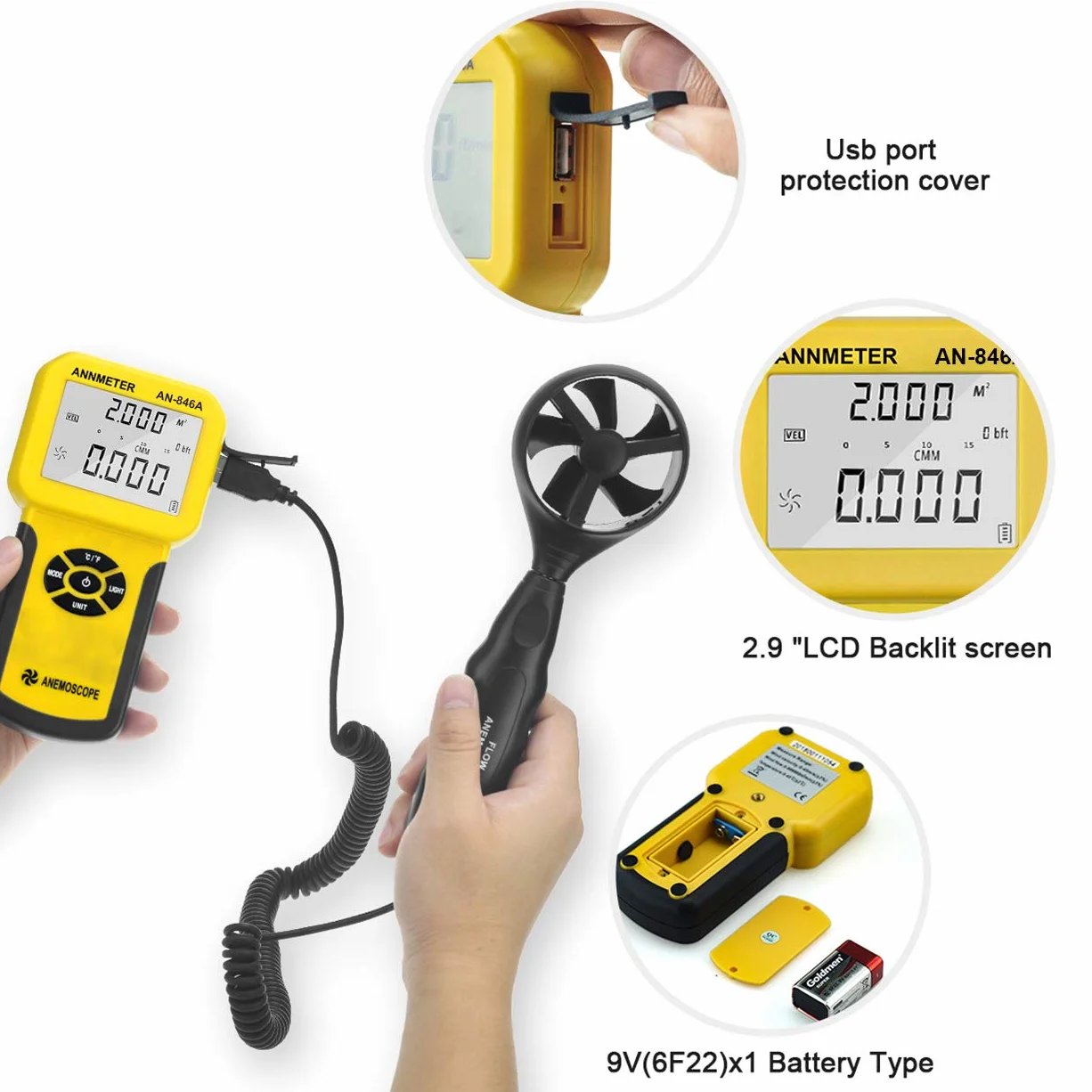 AIOMEST Digital Anemometer, Windmesser Windmessgerät Handheld, AI-846A Windmesser CFM Wind Speed Meter mit MAX/MIN/AVG Funktionen für Windgeschwindigkeit Temperatur Tester, HVAC