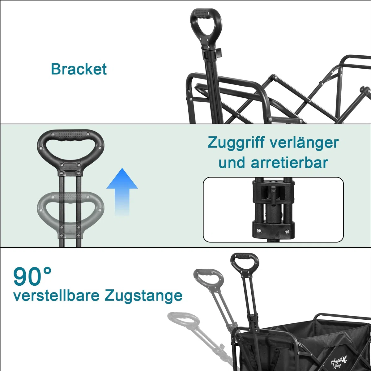 Angel Living Bollerwagen Faltbar 200L mit Tragkraft bis 100KG, Handwagen Klappbar, Faltbarer Campingwagen mit Höhenverstellbarem Griff, Leicht und Platzsparend, Stabil, 600D Oxford-Gewebe, Schwarz