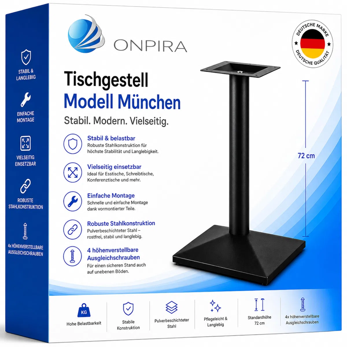 ONPIRA® Tischgestell Modell „München“ – Schwarzes Single-Tischuntergestell aus Stahl, Höhe 72 cm – Robuste Tischbasis für Büro, Esstisch, Werkstatt oder Gastronomie