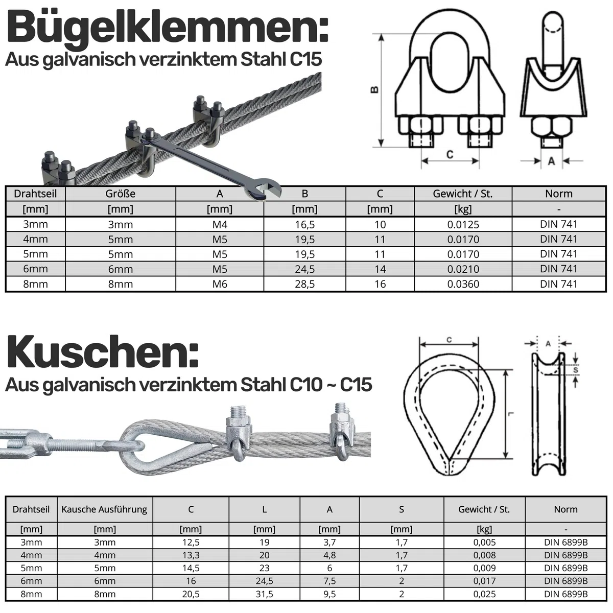 Drahtseil Set 6 - Stahlseil 50m 4mm 6x7 verzinkt, 4x Spannschloss Haken/Öse, 16x Bügelklemmen, 16x Kauschen