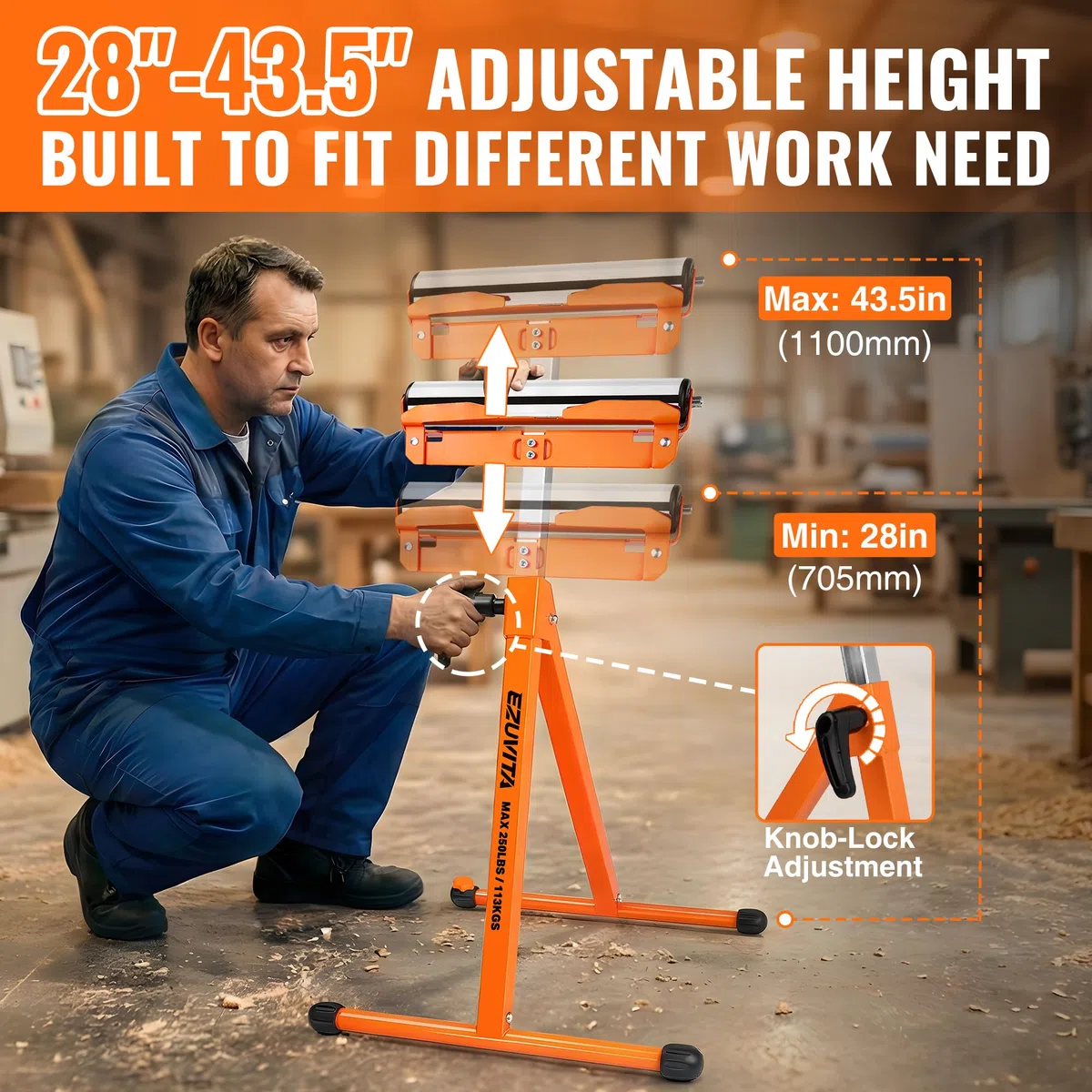 2er-Pack klappbare Rollenständer, 113kg Tragkraft pro Ständer, 70.5–110cm höhenverstellbar, stabile Unterstützung für Tischkreissägen und Holzbearbeitung