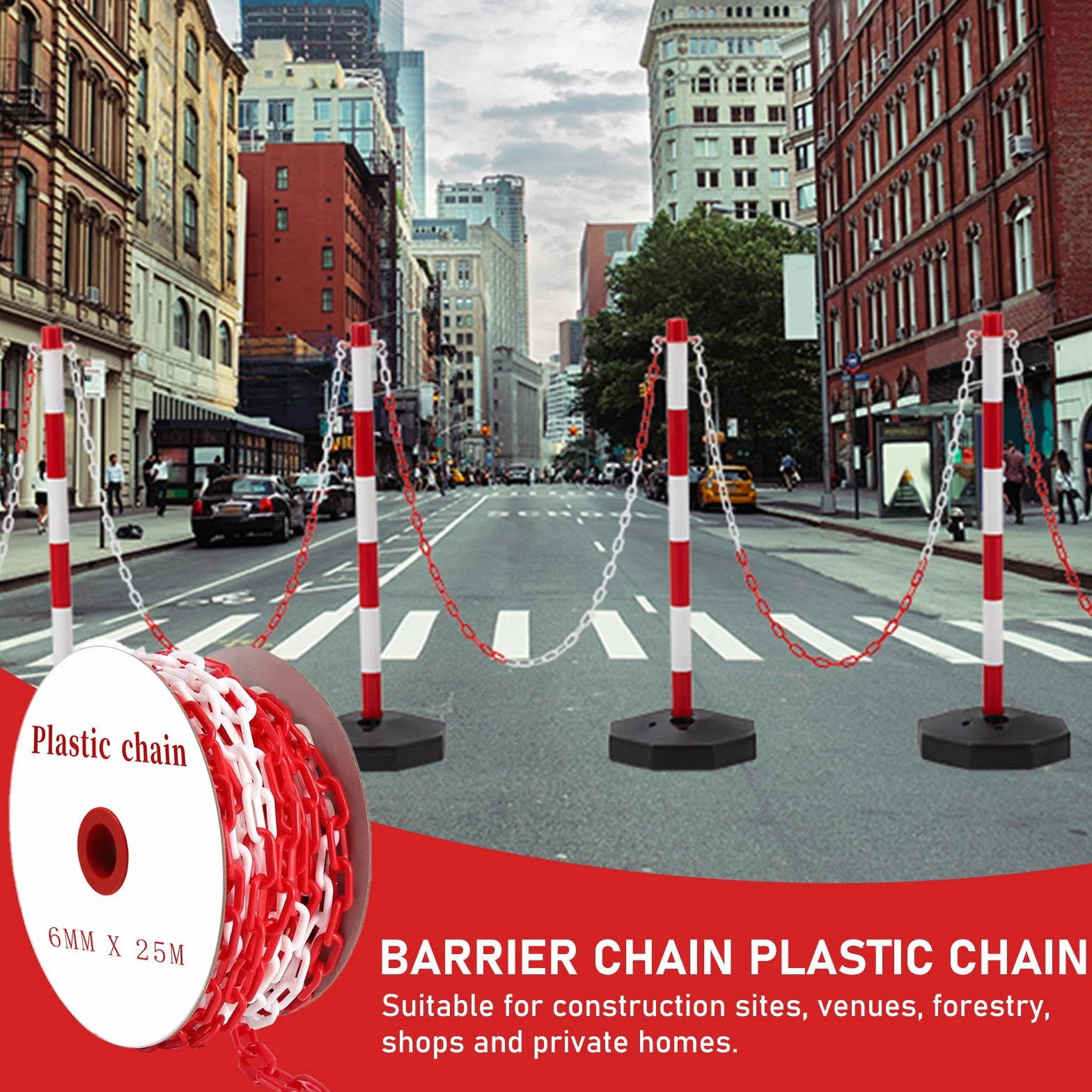 Absperrkette Kunststoffkette 25M Warnkette 6mm Plastikkette Kunststoff kette mit 10 Karabinern für Barrieren in Auffahrten zum Absperren von Flächen Gut Sichtbar (Rote Weiße, 25M)
