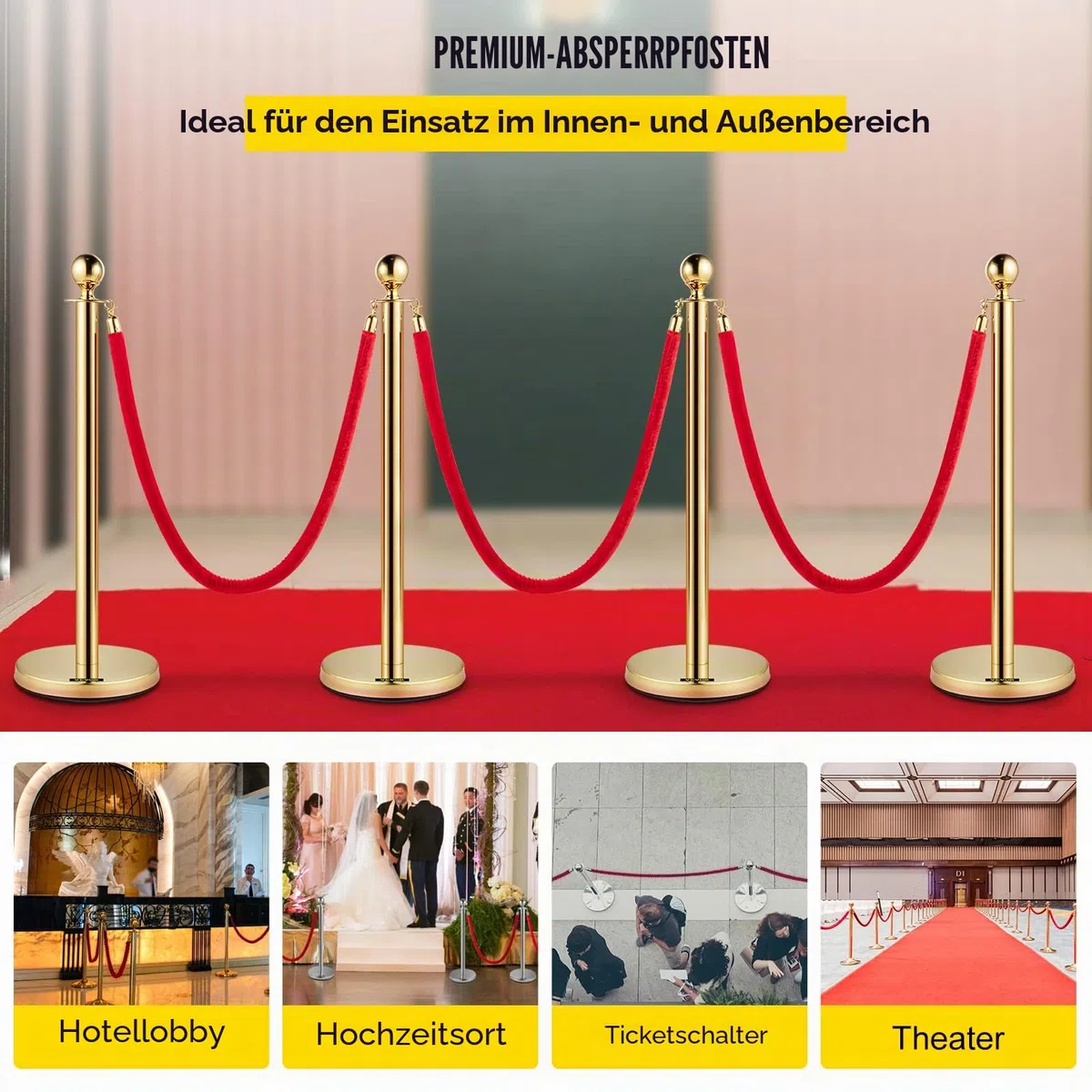 Mophorn Ausziehbarer Klebebandhalter, 4 Set, Sicherheitsbarrieren mit 3 Saiten, Seillänge: 1,5 m, goldfarben