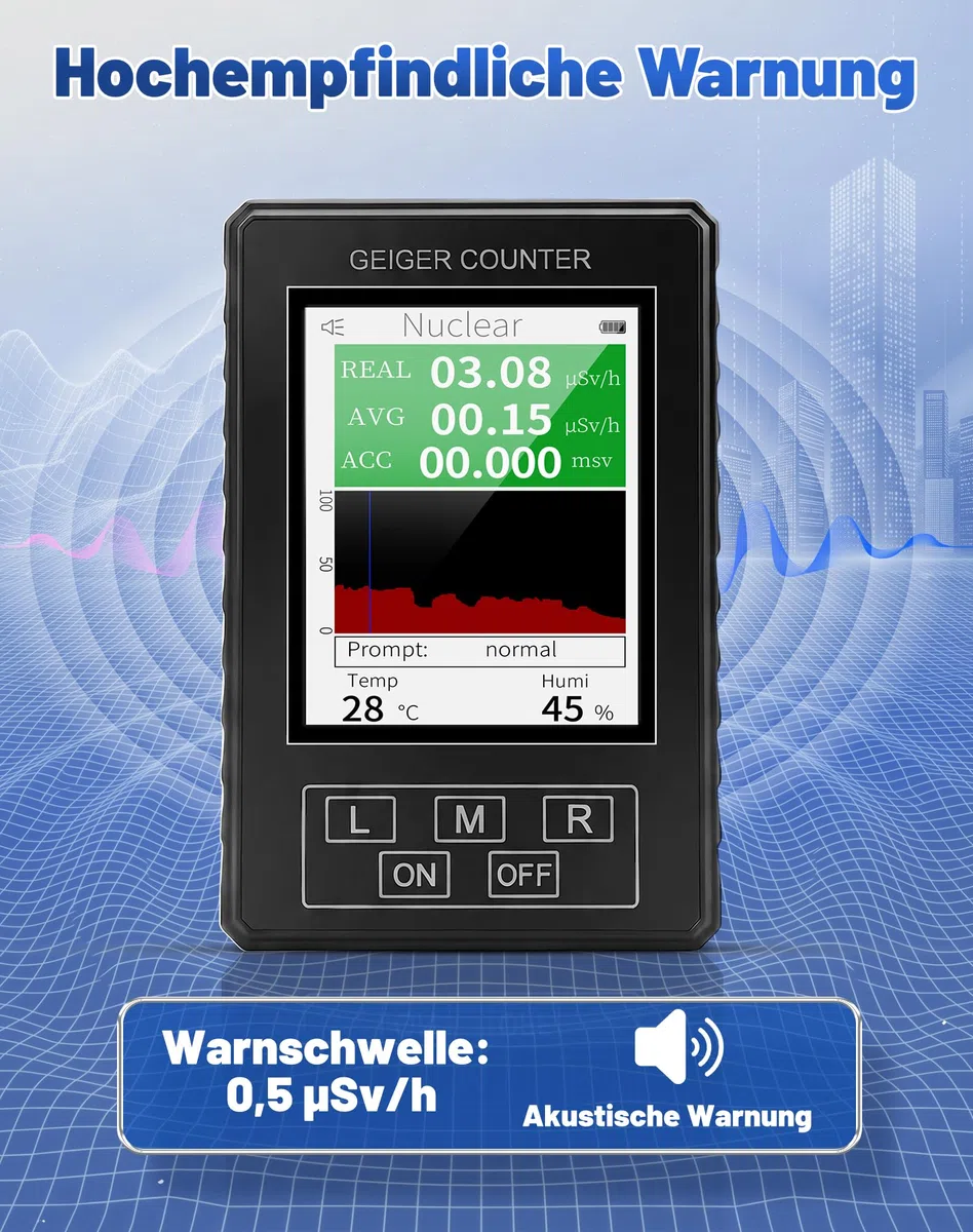 Geigerzähler Radioaktivität, Hochpräzises Strahlungsmessgerät & Dosimeter für Beta Gamma Röntgen, inkl Temperatur & Luftfeuchtigkeitsmessung, Tragbarer Nuklearstrahlungsdetektor für Zuhause & Outdoor
