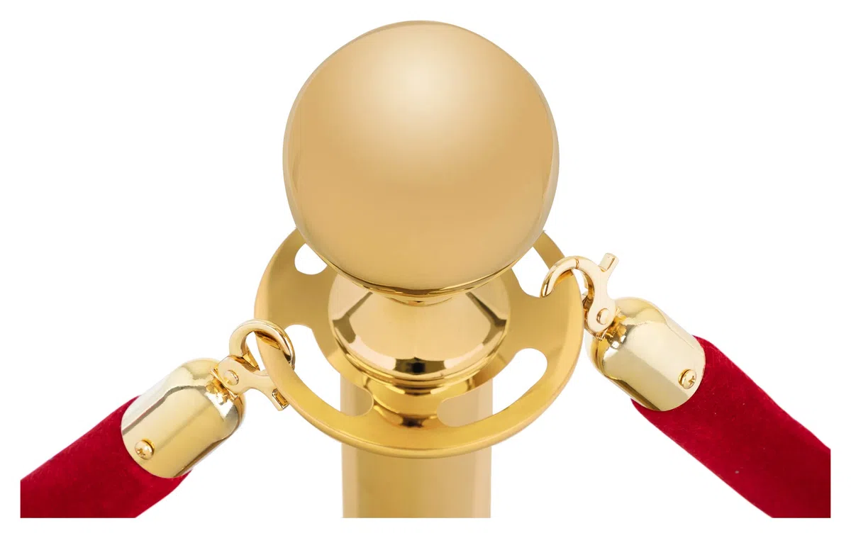 Stagecaptain PLS-150 Deluxe 2.1-150G Absperrständer Personenleitsystem - 2 Edelstahl-Stative und 1 rotes Seil mit 1,5m Länge - Für Konzerte, Ausstellungen, Hotels, Kinos u.v.m. - gold