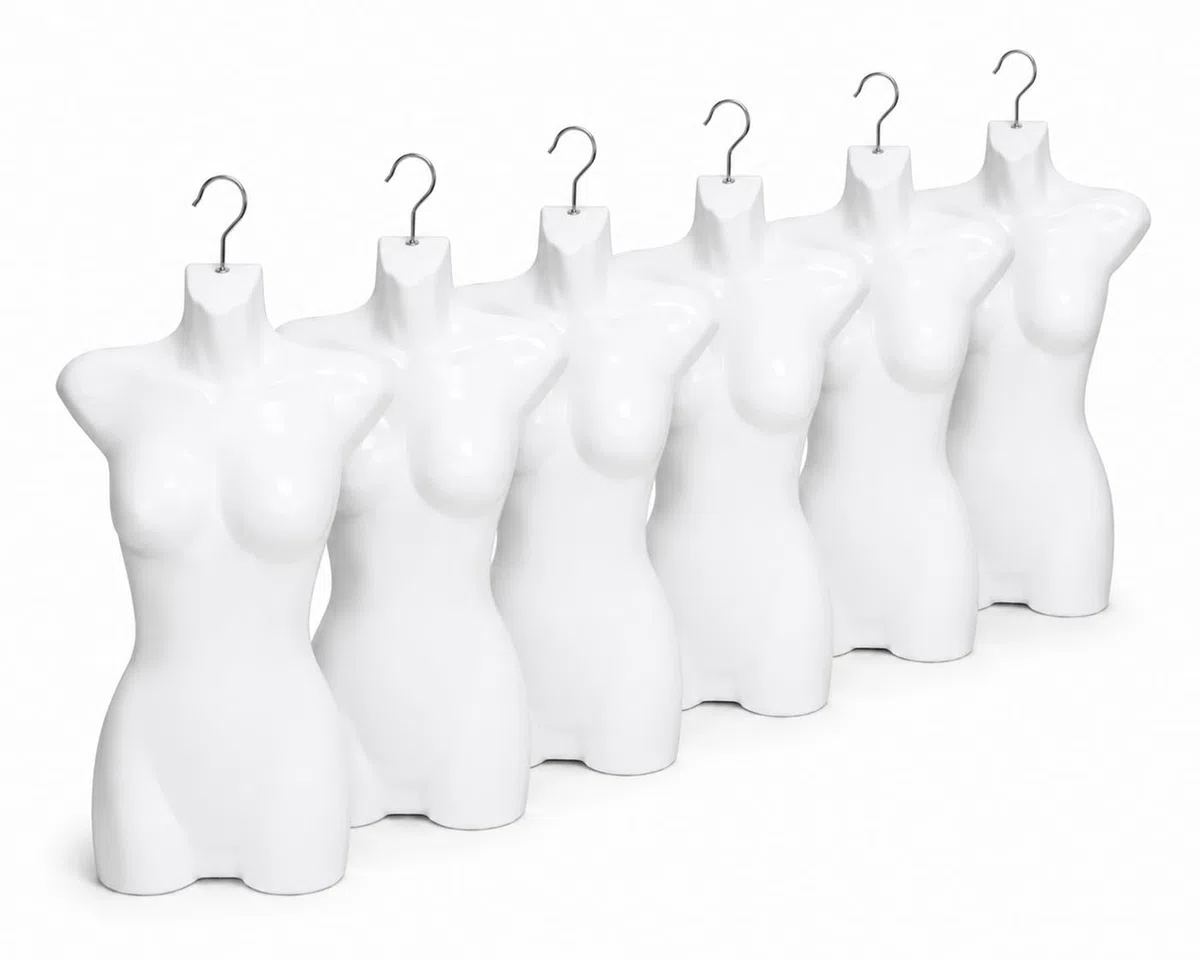 6er Set Torso Weiblich - 70 cm Damentorso aus Kunststoff - Mannequin Oberkörper Halbplastik in Farbe weiß - Mannequin Büste - Halbplastischer Damenbody - Puppe Figur - Schaufensterpuppe mit Haken