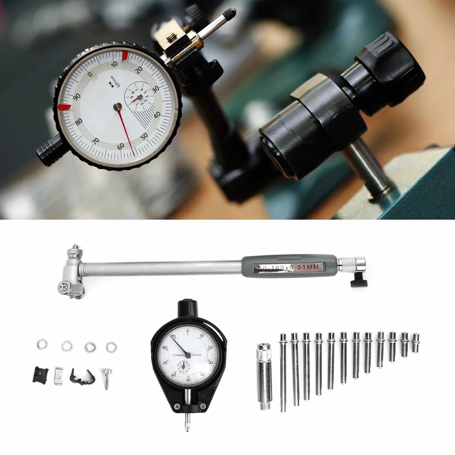 Innenmikrometer, Bohrungslehre Messuhr set 50-160mm Hohe Präzision 0,001mm Messuhr mit 12 Sonden, Innendurchmesser Messuhr Dial Bore Gauge Industriemesswerkzeug
